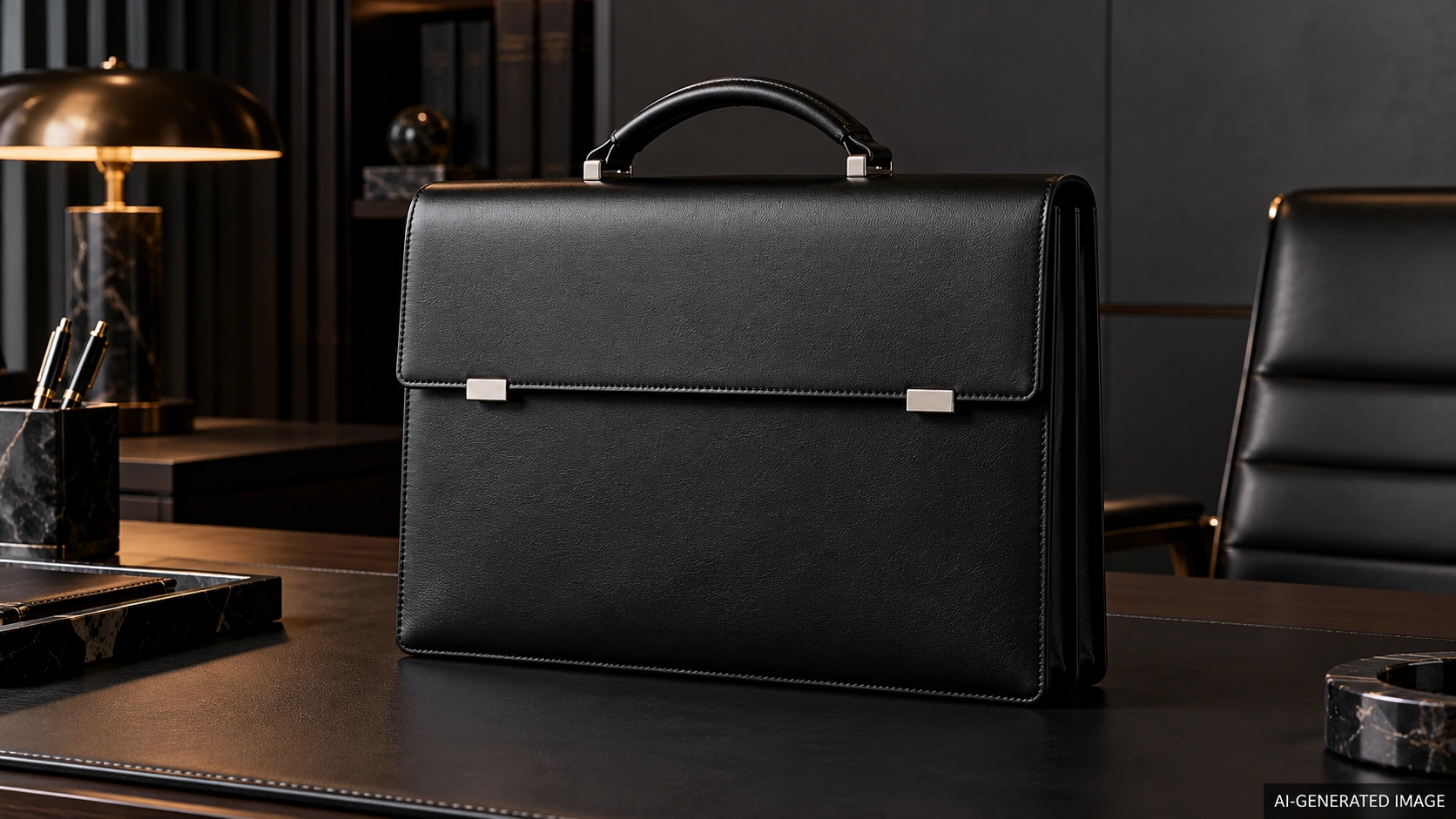 AI-generated illustration of an original slim black flap briefcase with two small silver-colored closure tabs