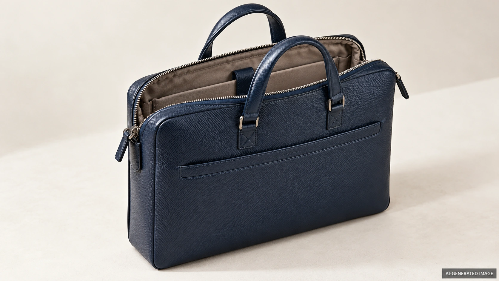 AI-generated illustration of an original navy textured briefcase open to reveal a lined interior