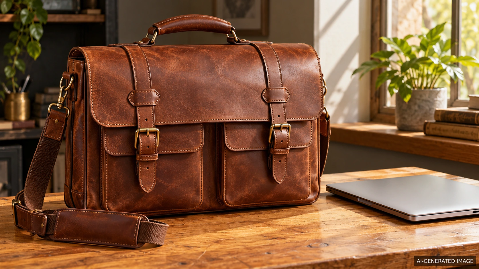 AI-generated illustration of an original chestnut buckled briefcase with two front pockets beside a closed laptop