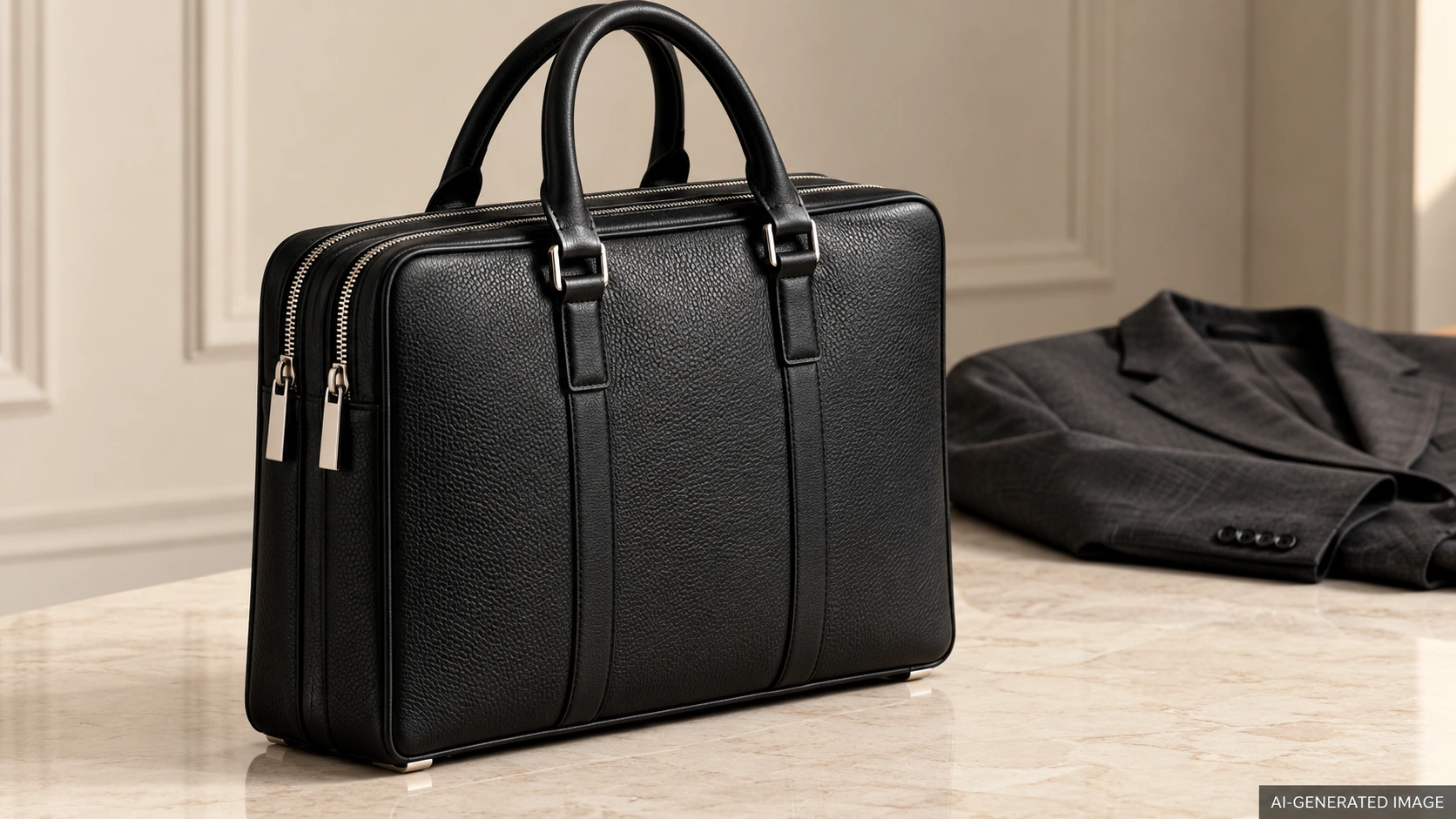 AI-generated illustration of an original black two-compartment leather briefcase beside a charcoal suit jacket