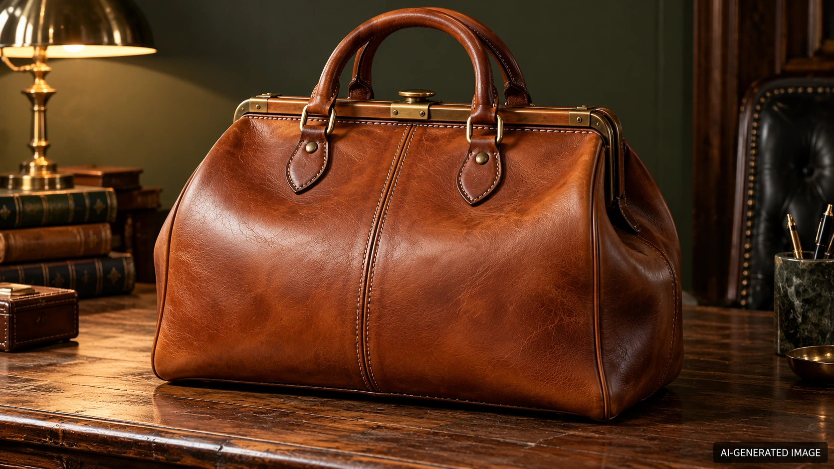 AI-generated illustration of an original cognac framed lawyer’s briefcase with two handles on a walnut desk