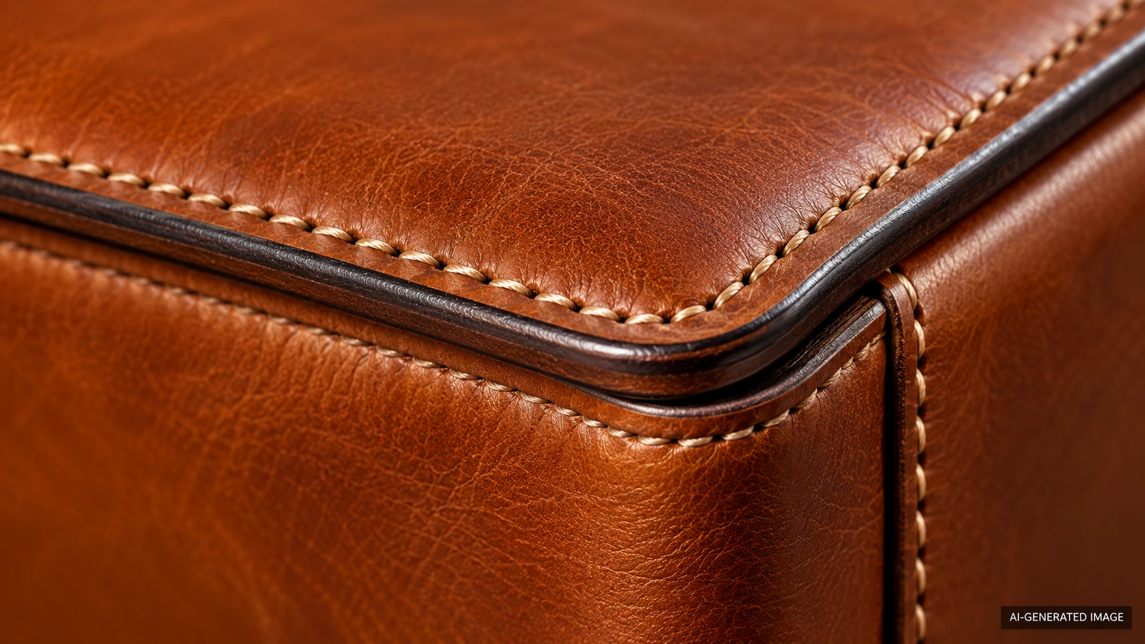 AI-generated illustration of natural-looking cognac leather, consistent stitches and a polished layered edge