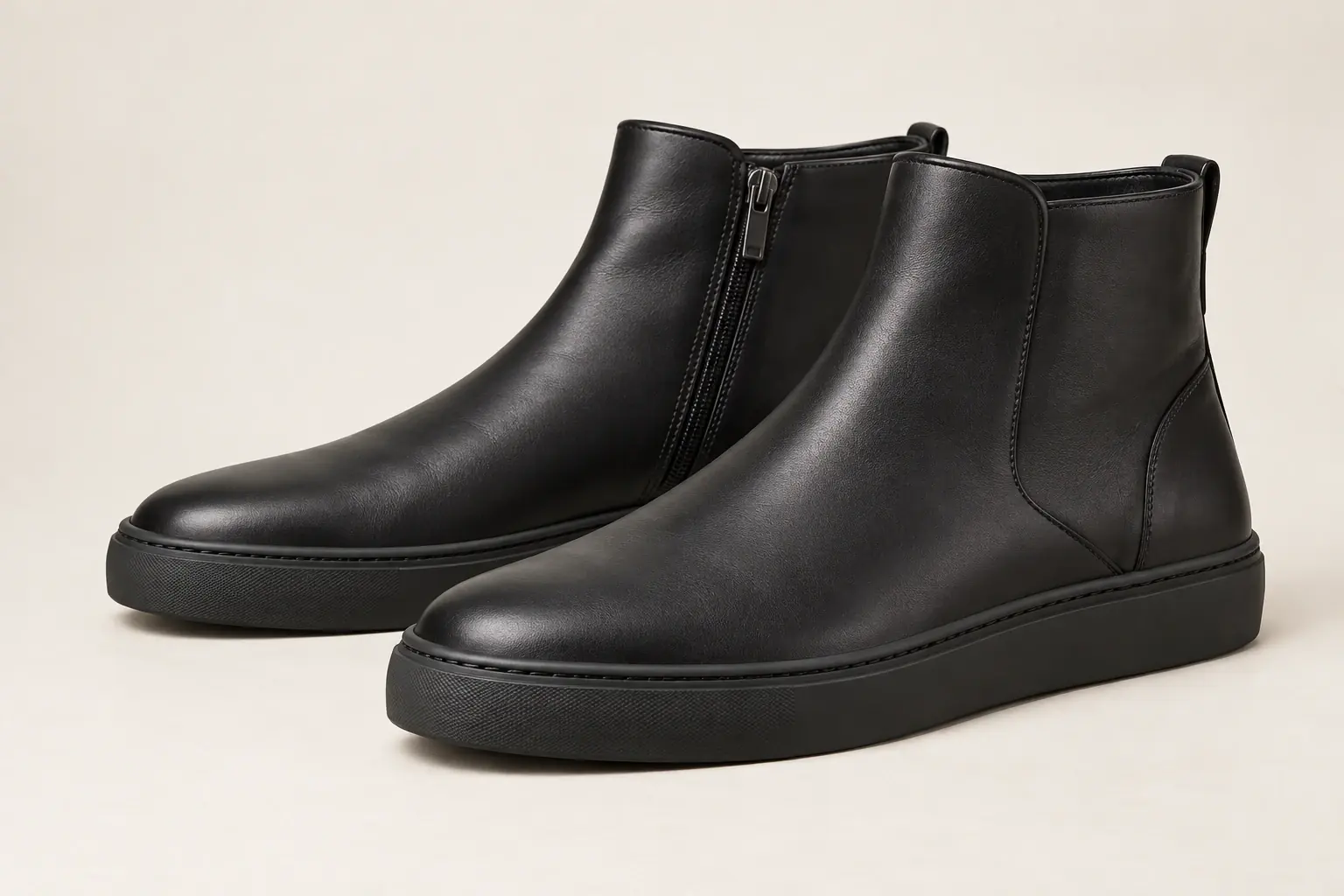 AI illustration of an original black ankle-height sneaker-and-boot hybrid with a plain leather upper and rubber sole.