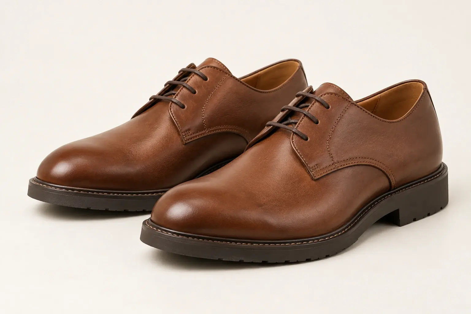 AI illustration of unbranded brown everyday derby shoes with open lacing and a rubber sole.
