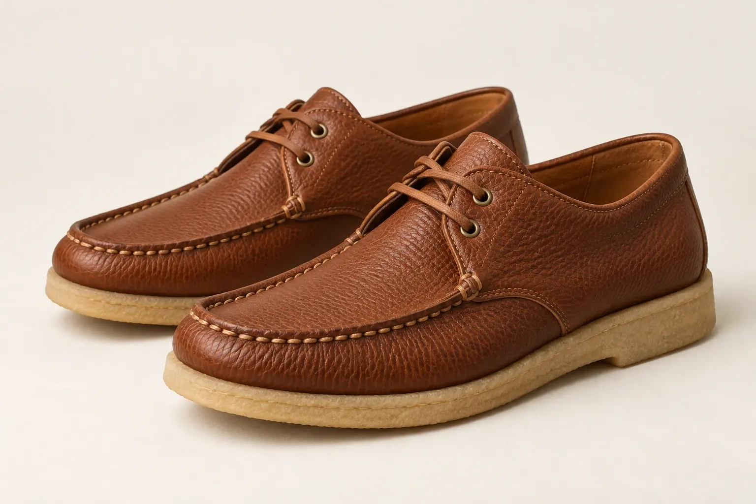 AI illustration of an original moccasin-style casual leather shoe with a raised stitched toe seam.
