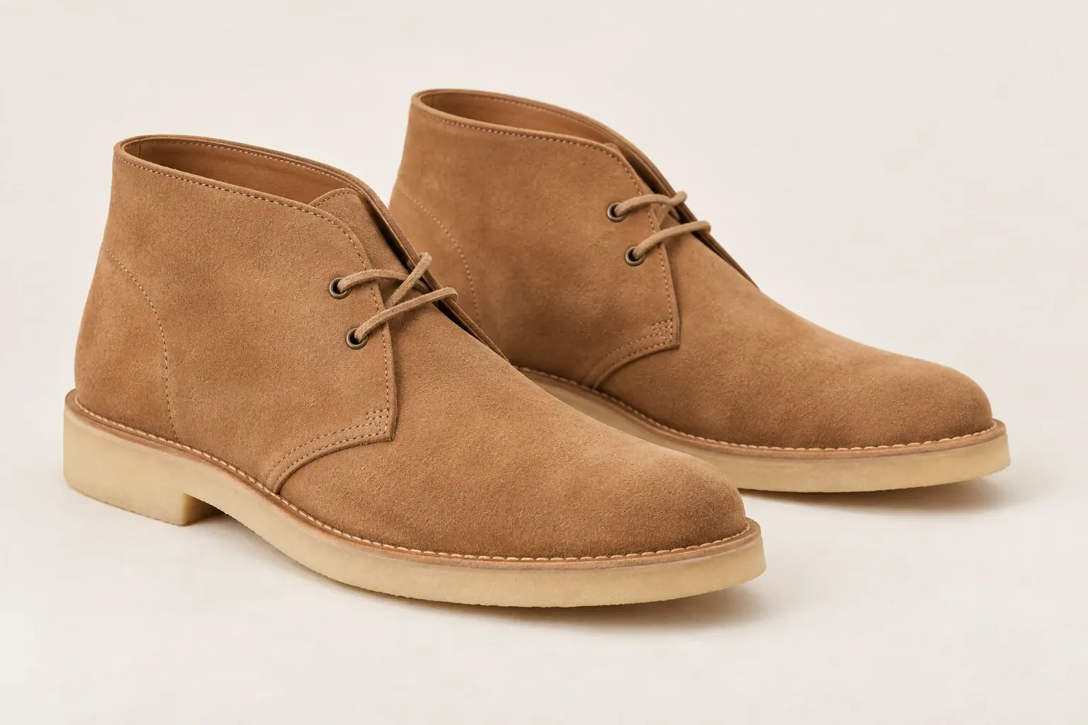 AI illustration of unbranded tan suede chukka boots with a short ankle shaft and two pairs of eyelets.