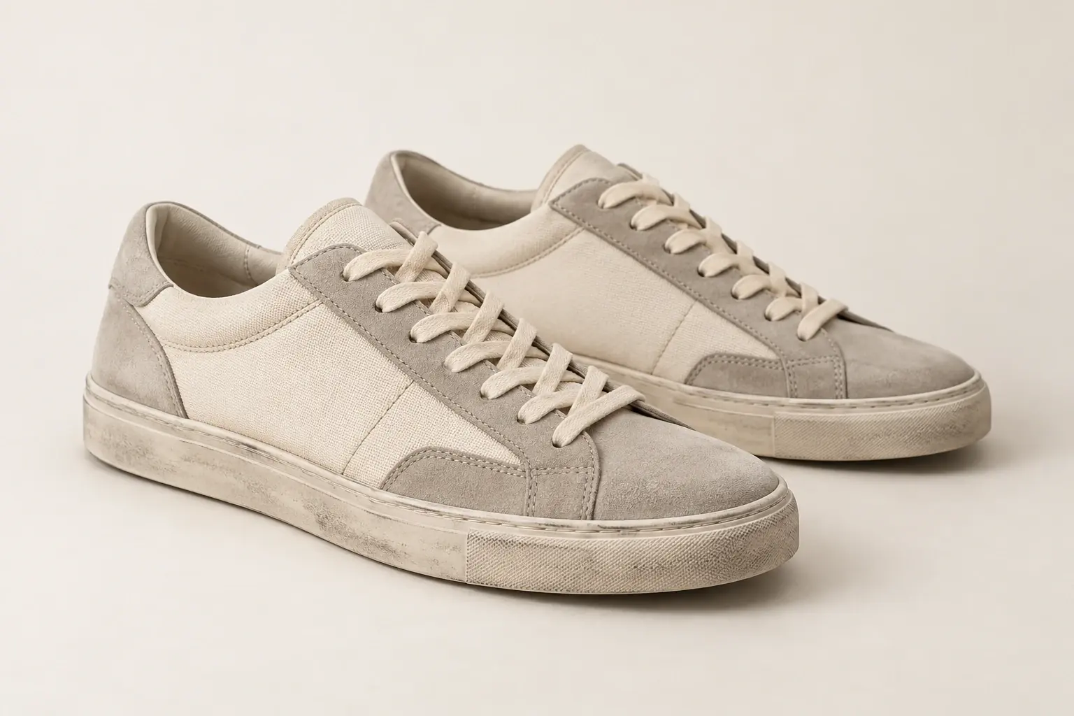 AI illustration of original low-top sneakers with deliberately aged surface finishing and restrained scuff marks.