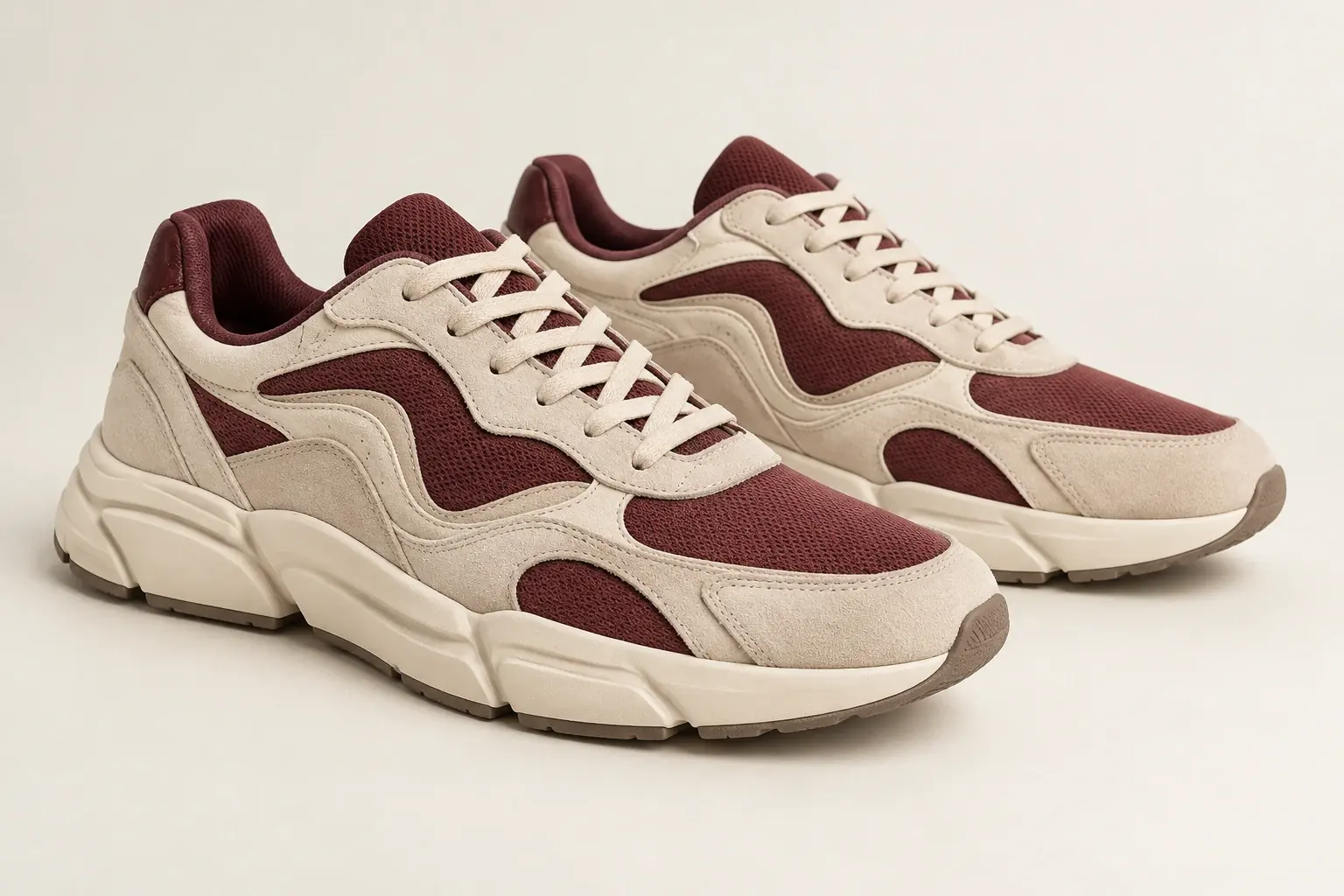 AI illustration of an original running-inspired lifestyle sneaker with layered suede and textile panels.