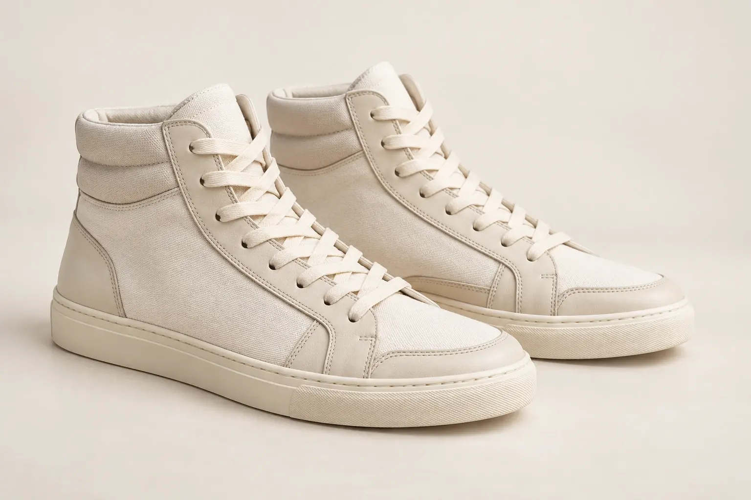 AI illustration of unbranded cream high-top sneakers with collars extending above the ankle.