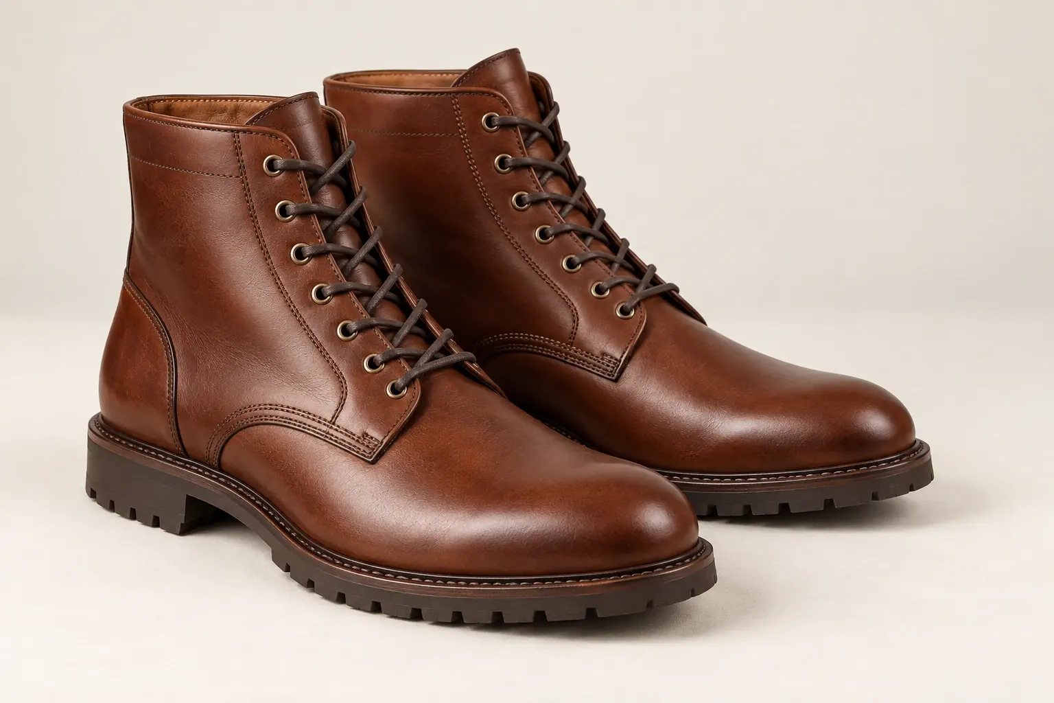AI illustration of unbranded brown leather ankle boots with several pairs of eyelets and an urban rubber sole.
