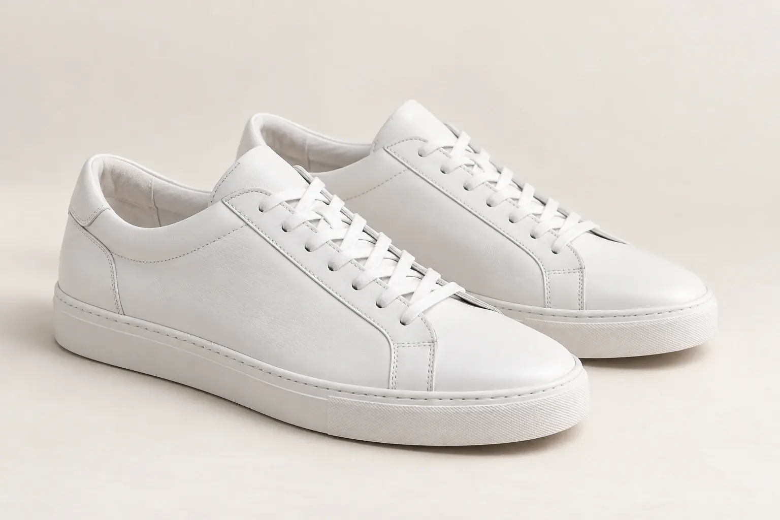AI illustration of original plain white low-top leather sneakers with a simple flat rubber cupsole.