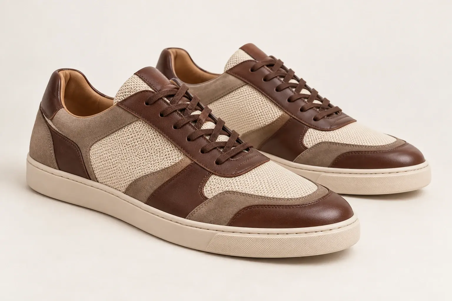 AI illustration of original lifestyle sneakers combining smooth leather, suede and textile mesh panels.