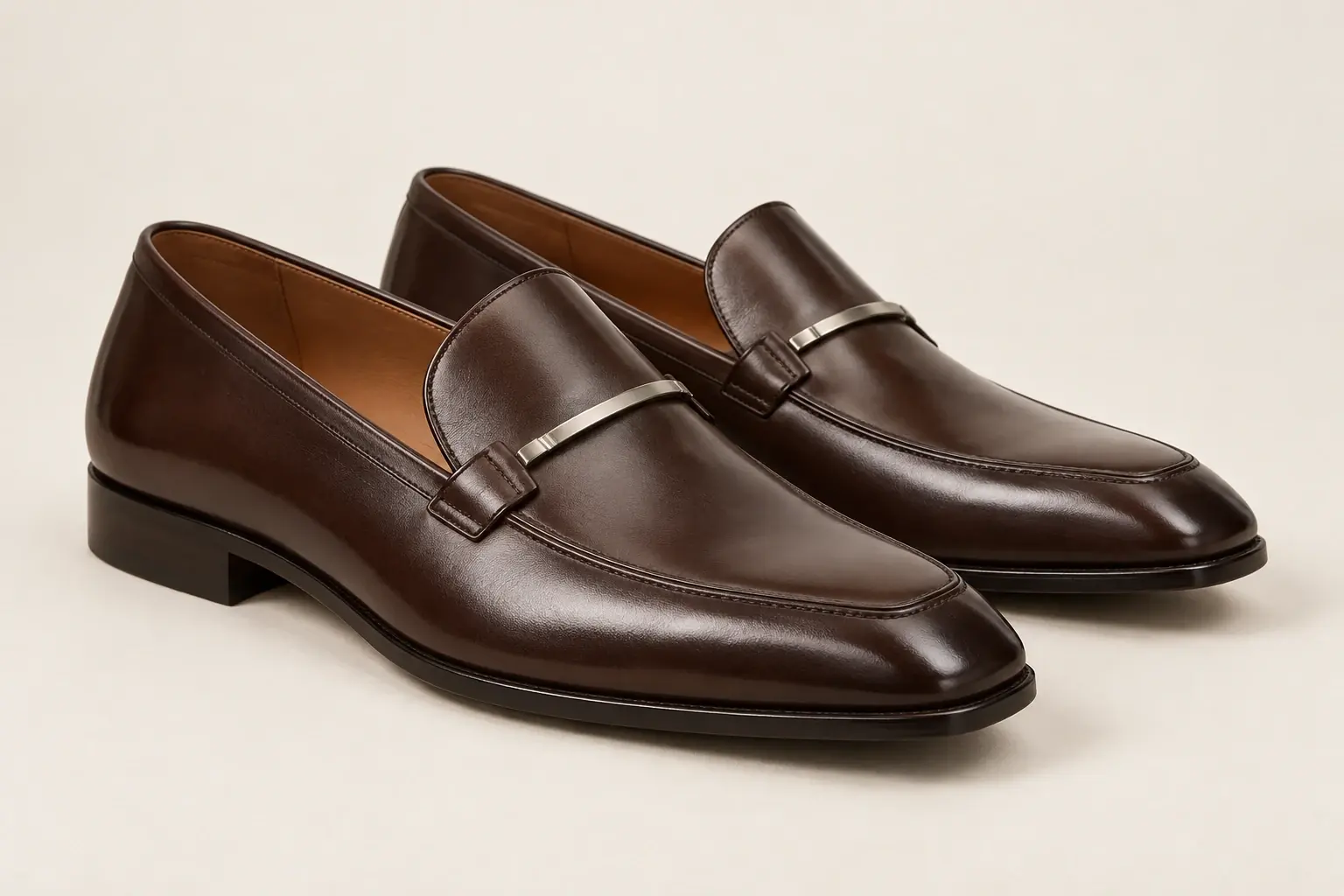 AI illustration of unbranded dark brown leather loafers with a small decorative metal bar.