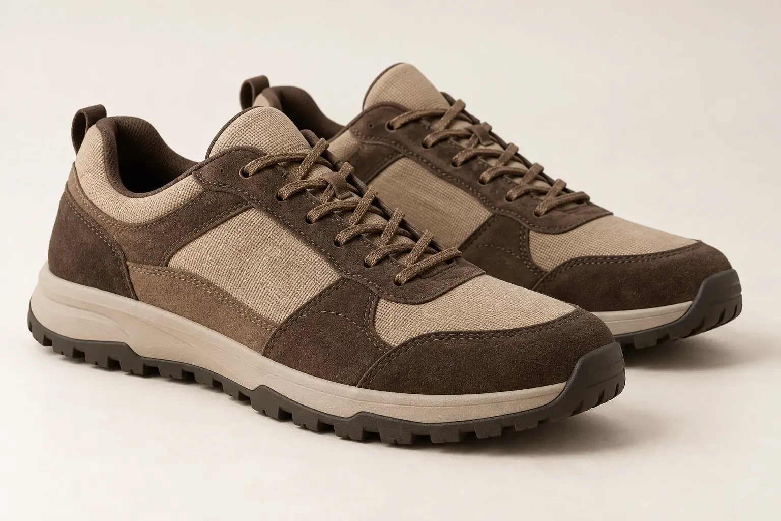 AI illustration of a generic outdoor-oriented sneaker with an urban low-top shape and rugged-looking tread.