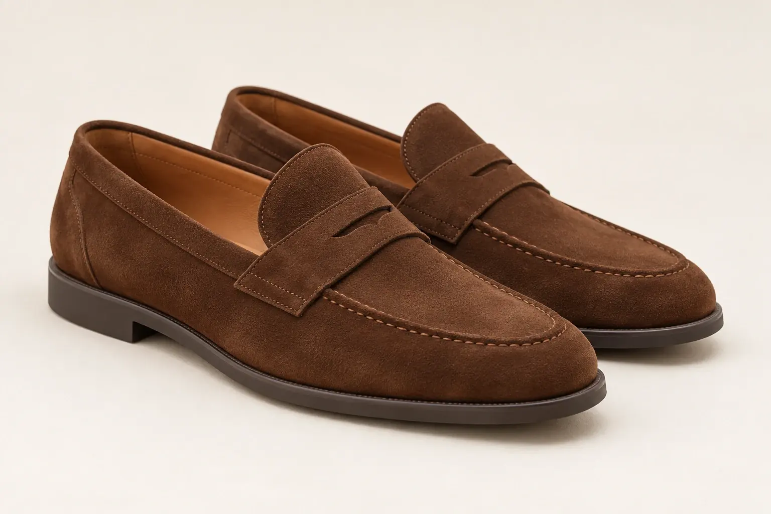 AI illustration of unbranded brown suede penny loafers with a saddle strap and a small slot.