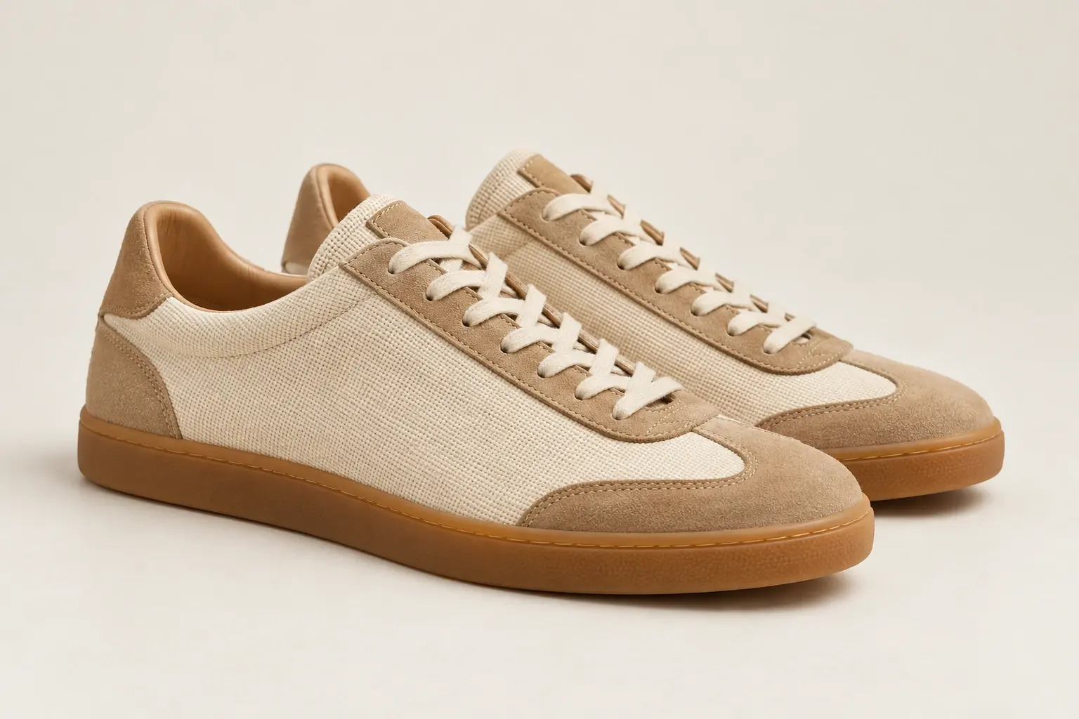 AI illustration of original cream-and-tan retro sneakers with a restrained profile and gum-colored sole.