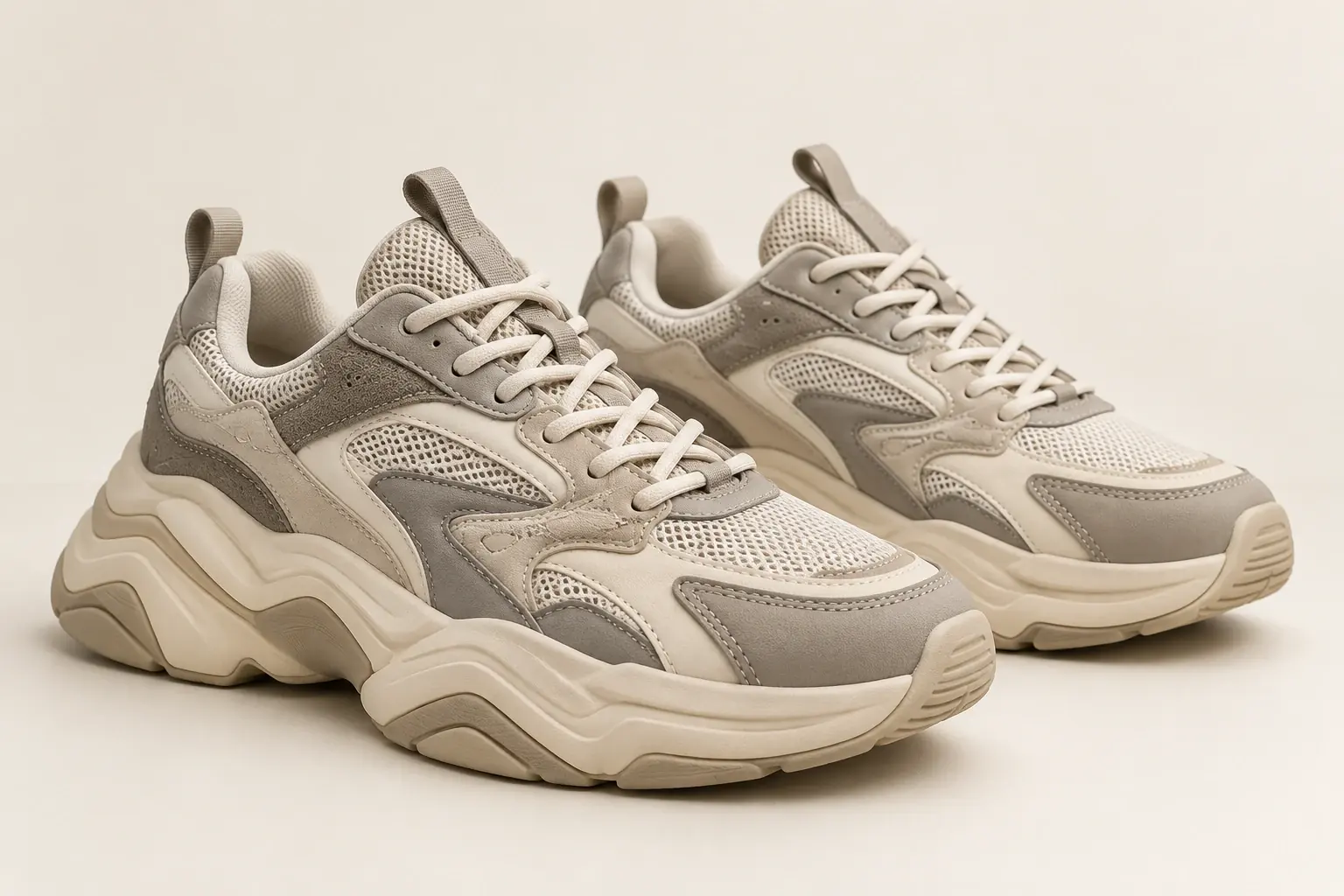 AI illustration of original statement sneakers with oversized layered soles and broad proportions.