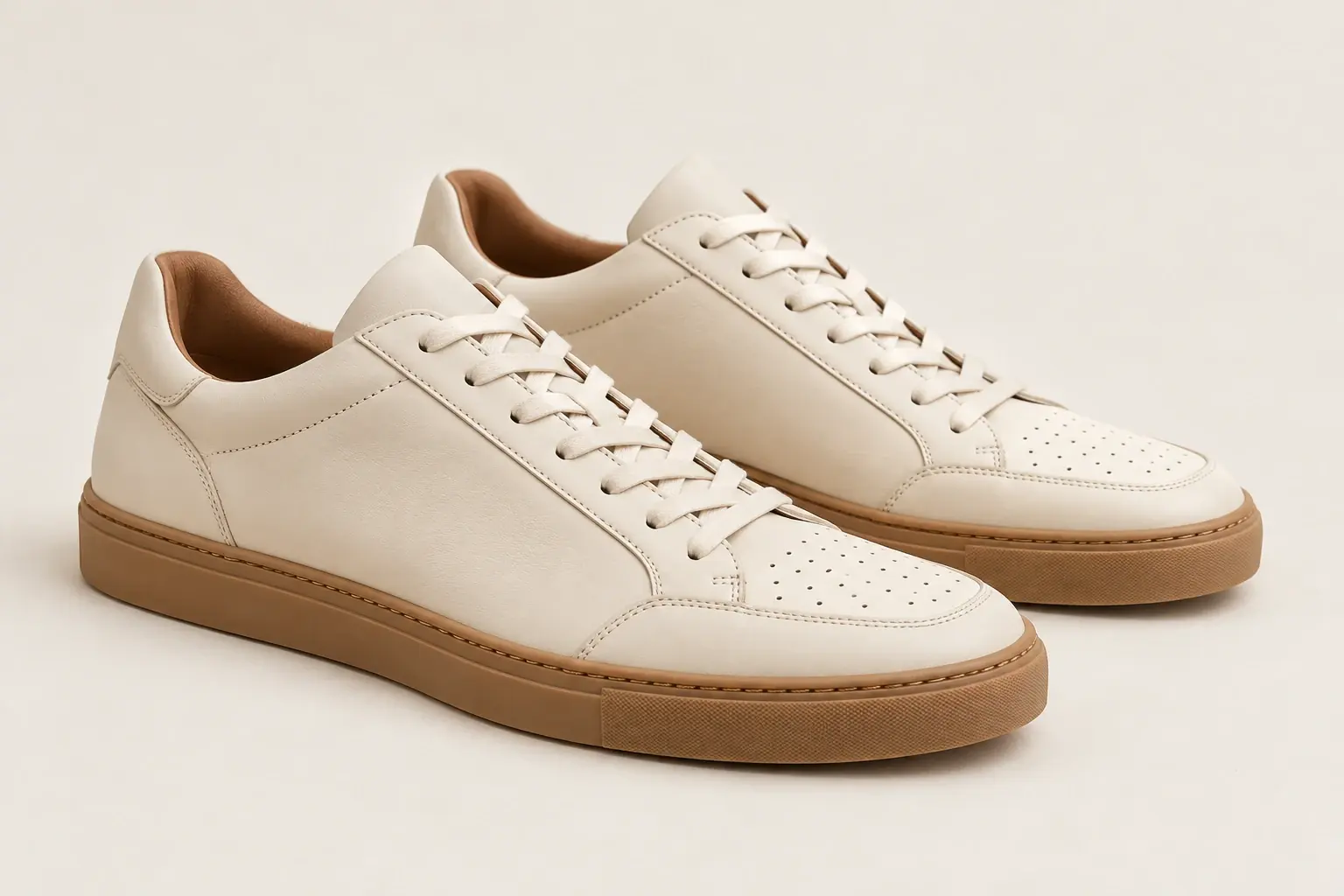 AI illustration of original low-top court-style lifestyle sneakers with a flat cupsole and simple leather upper.