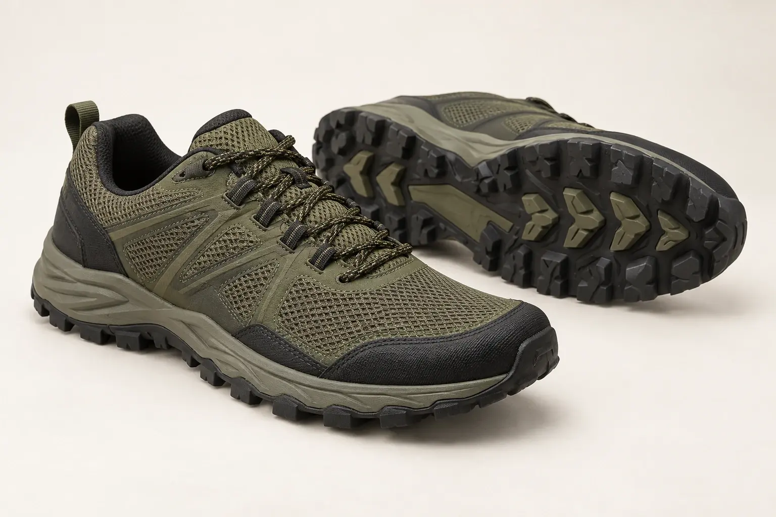 AI illustration of generic trail-running shoes with reinforced uppers and visible deep outsole lugs.