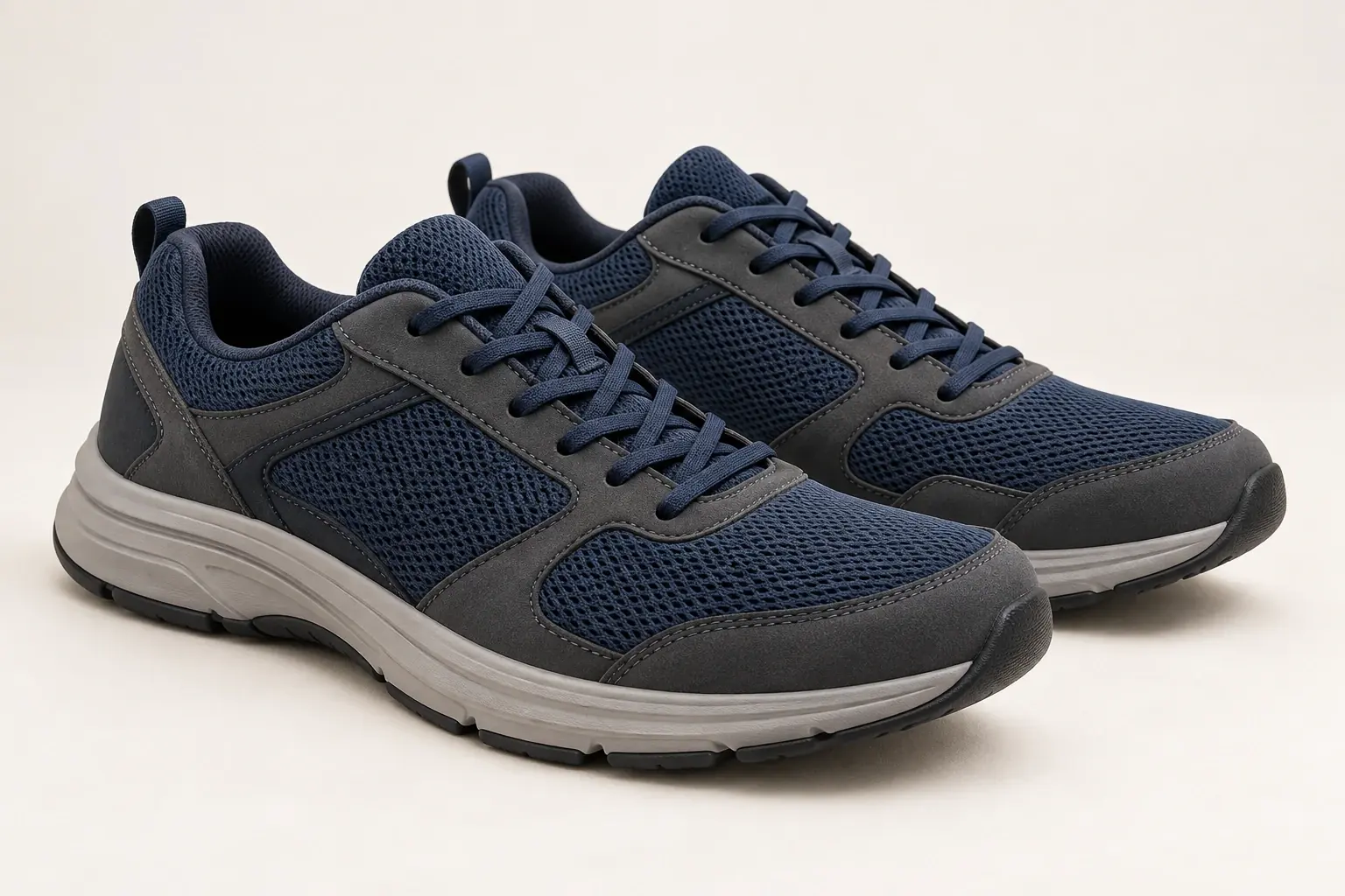 AI illustration of generic men's walking shoes with a restrained textile upper and moderate sole.