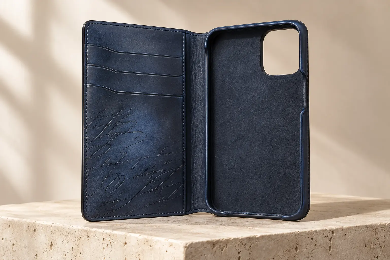 رسم توضيحي بتقنية الذكاء الاصطناعي لـ Berluti و iPhone و 16 Pro Phone Folio — جلد العجل الناعم من فينيزيا