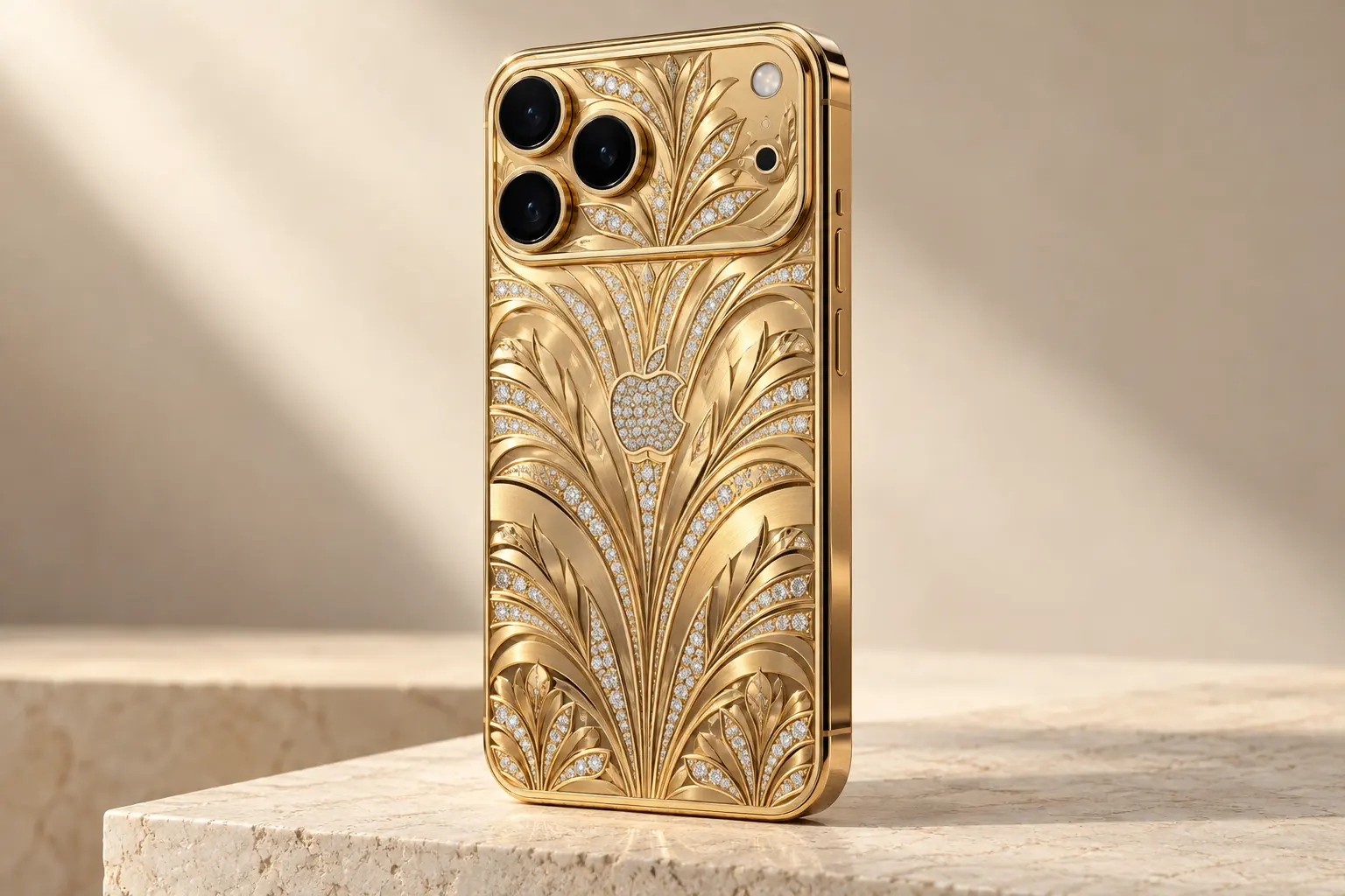 رسم توضيحي بتقنية الذكاء الاصطناعي لـ CAVIAR Palmette 18K — مخصص iPhone 18 Pro / Pro Max
