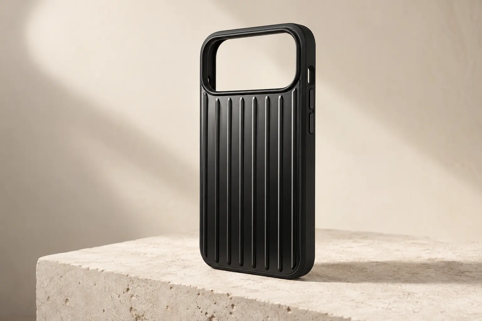 Original AI-generated illustration of RIMOWA Black Aluminum Case for iPhone 17 Pro
