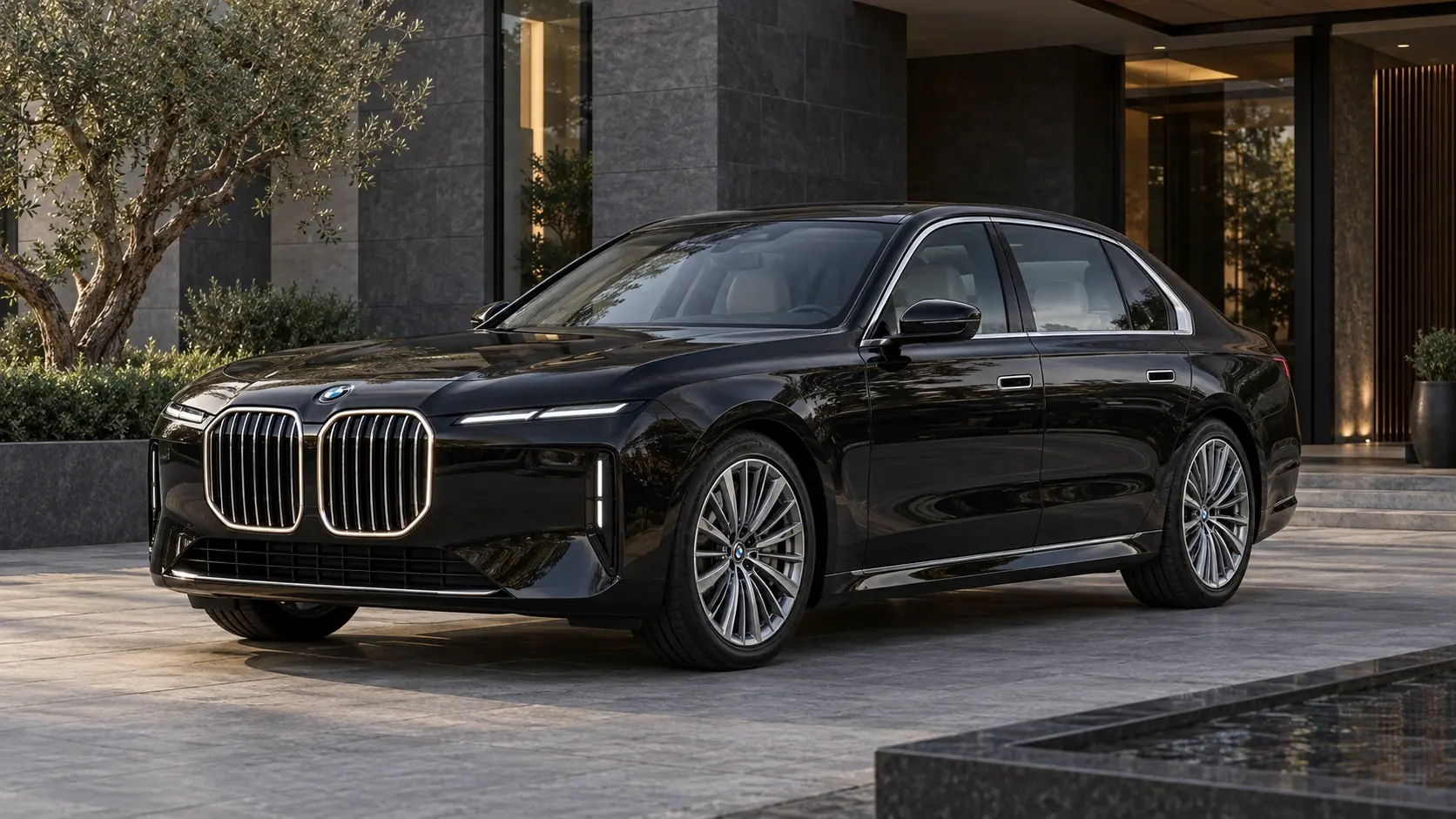 رسم توضيحي تم إنشاؤه بواسطة الذكاء الاصطناعي لـ BMW 7 Series، يظهر في منظر خارجي أمامي بزاوية ثلاثة أرباع.
