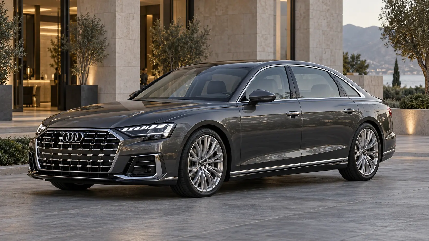رسم توضيحي تم إنشاؤه بواسطة الذكاء الاصطناعي لـ Audi A8 / A8 L، يظهر في منظر خارجي أمامي بزاوية ثلاثة أرباع.