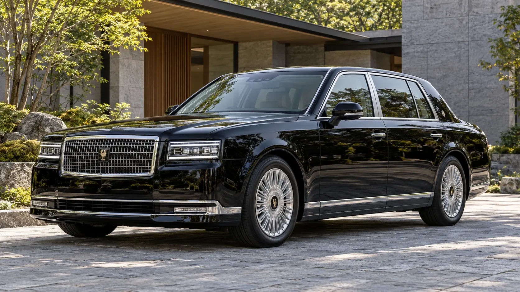 رسم توضيحي تم إنشاؤه بواسطة الذكاء الاصطناعي لـ Toyota Century sedan، يظهر في منظر خارجي أمامي بزاوية ثلاثة أرباع.