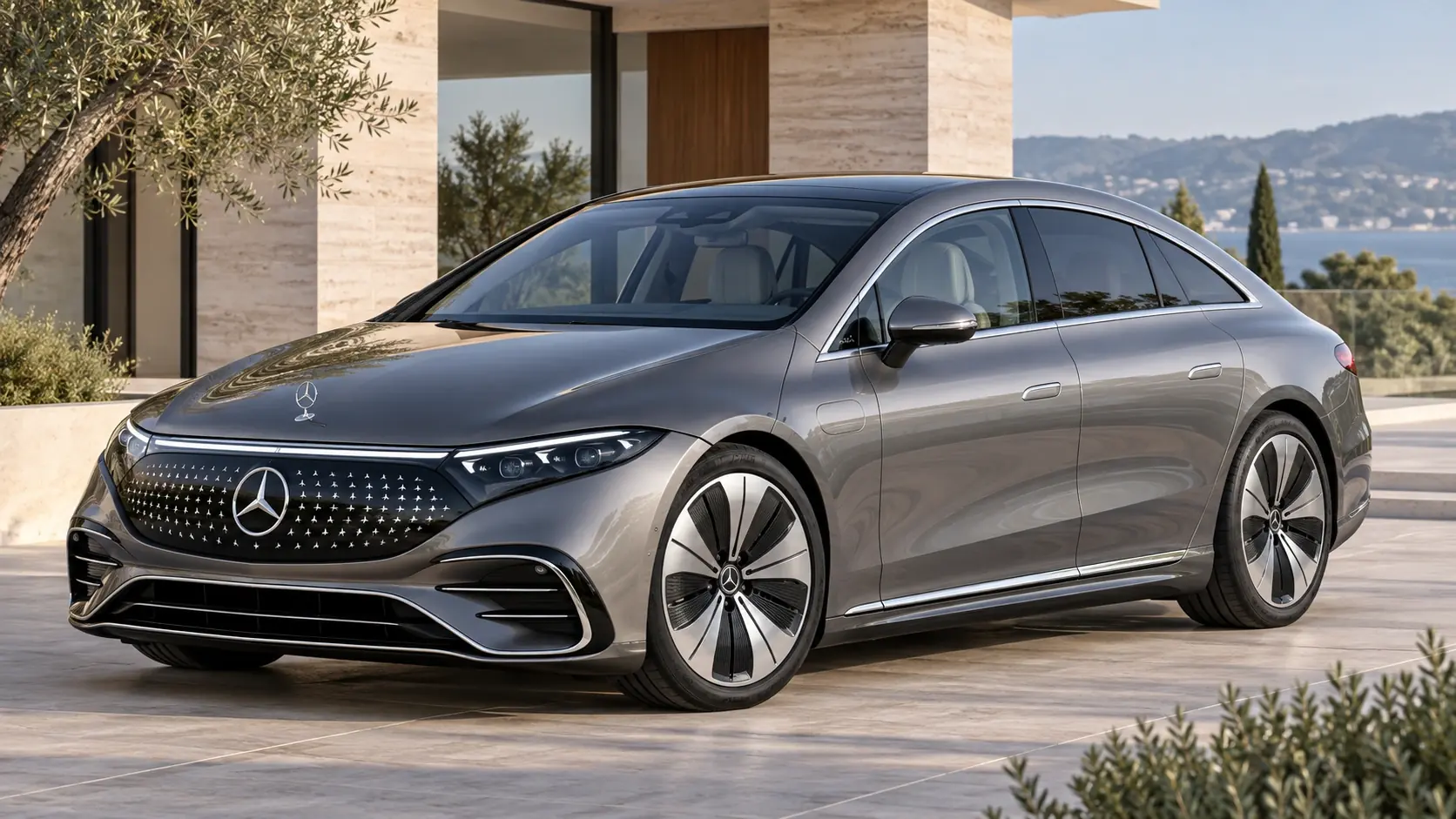 رسم توضيحي تم إنشاؤه بواسطة الذكاء الاصطناعي لـ Mercedes-Benz EQS Sedan، يظهر في منظر خارجي أمامي بزاوية ثلاثة أرباع.