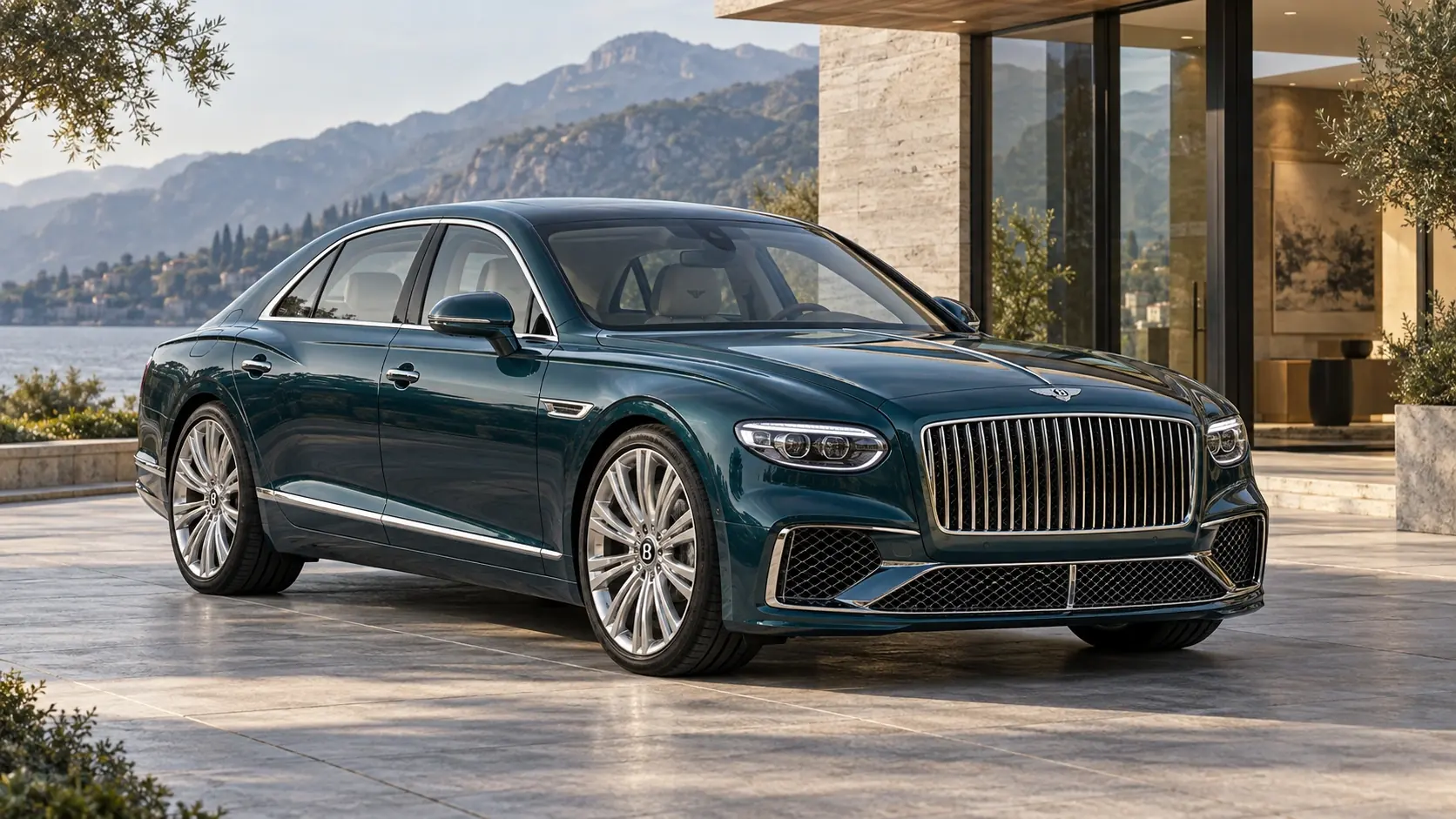 رسم توضيحي تم إنشاؤه بواسطة الذكاء الاصطناعي لـ Bentley Flying Spur، يظهر في منظر خارجي أمامي بزاوية ثلاثة أرباع.