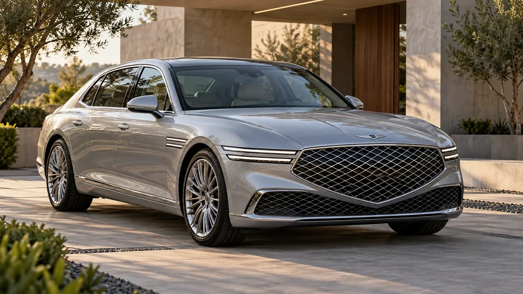 رسم توضيحي تم إنشاؤه بواسطة الذكاء الاصطناعي لـ Genesis G90، يظهر في منظر خارجي أمامي بزاوية ثلاثة أرباع.