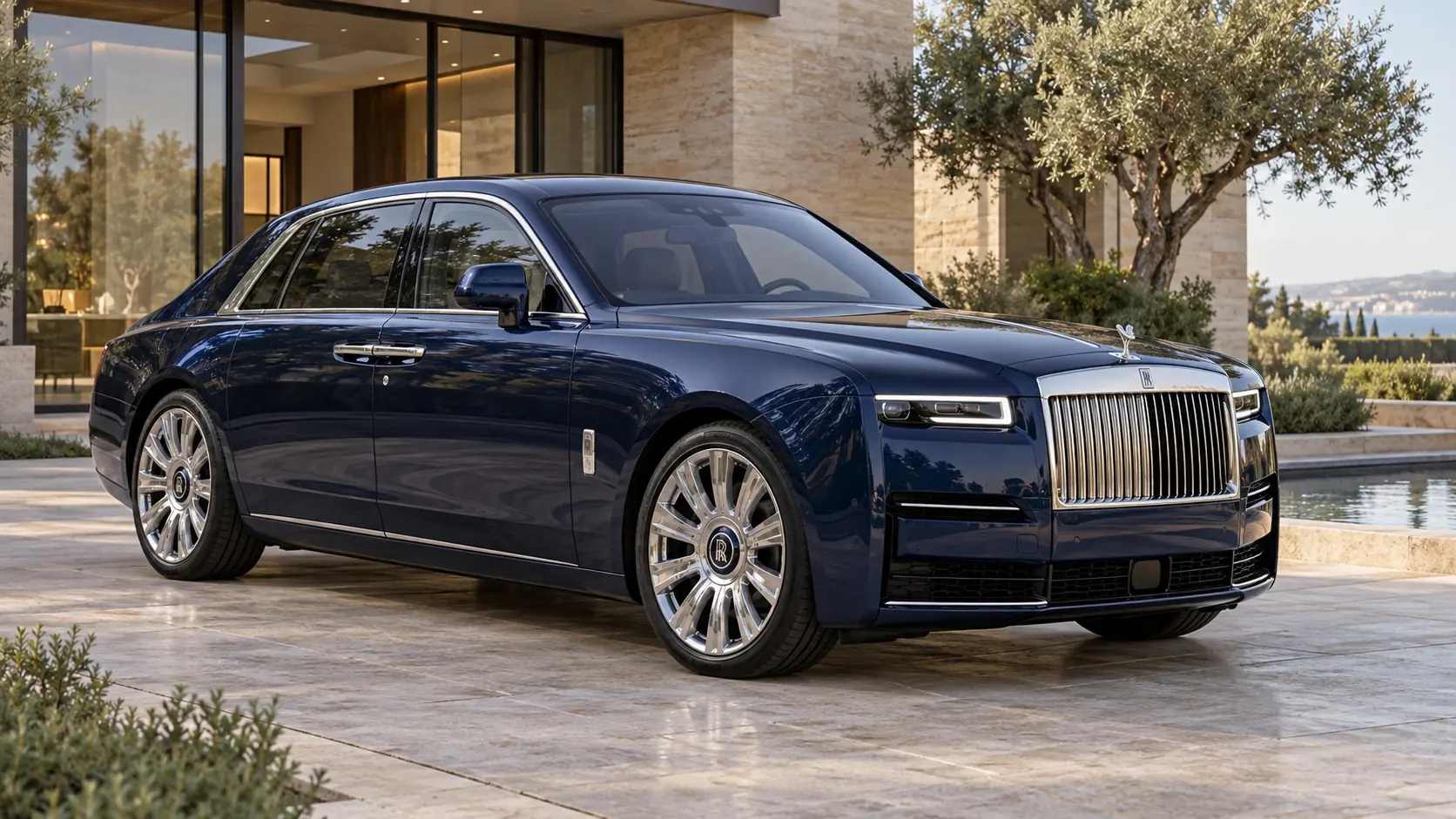 رسم توضيحي تم إنشاؤه بواسطة الذكاء الاصطناعي لـ Rolls-Royce Ghost، يظهر في منظر خارجي أمامي بزاوية ثلاثة أرباع.