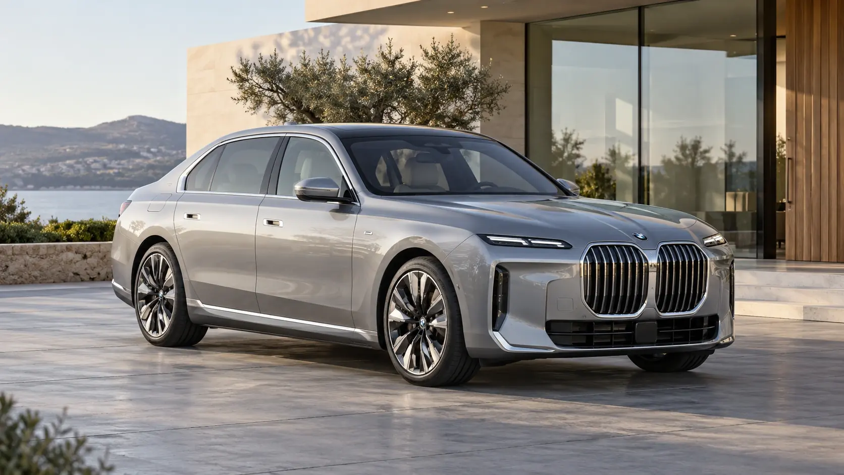 رسم توضيحي تم إنشاؤه بواسطة الذكاء الاصطناعي لسيارة BMW i7، يظهر في منظر خارجي أمامي بزاوية ثلاثة أرباع.