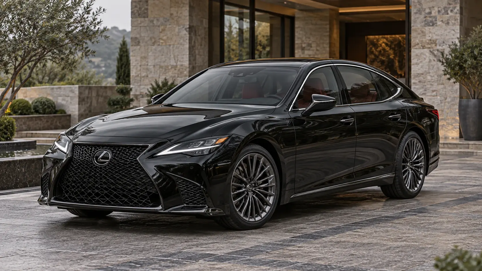 رسم توضيحي تم إنشاؤه بواسطة الذكاء الاصطناعي لـ Lexus LS، يظهر في منظر خارجي أمامي بزاوية ثلاثة أرباع.