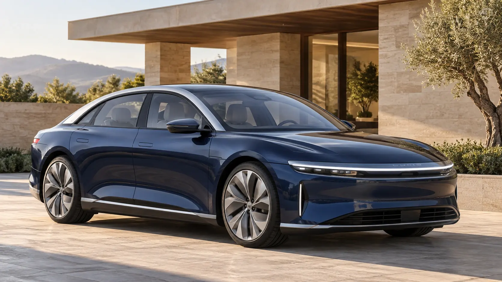 رسم توضيحي تم إنشاؤه بواسطة الذكاء الاصطناعي لـ Lucid Air Touring، يظهر في منظر خارجي أمامي بزاوية ثلاثة أرباع.