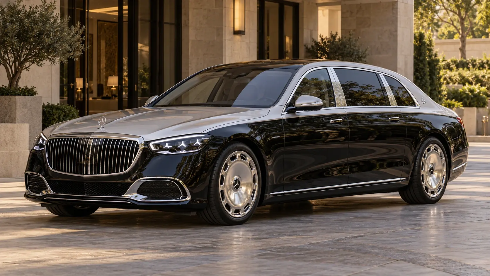 رسم توضيحي تم إنشاؤه بواسطة الذكاء الاصطناعي لـ Mercedes-Maybach S-Class، يظهر في منظر خارجي أمامي بزاوية ثلاثة أرباع.