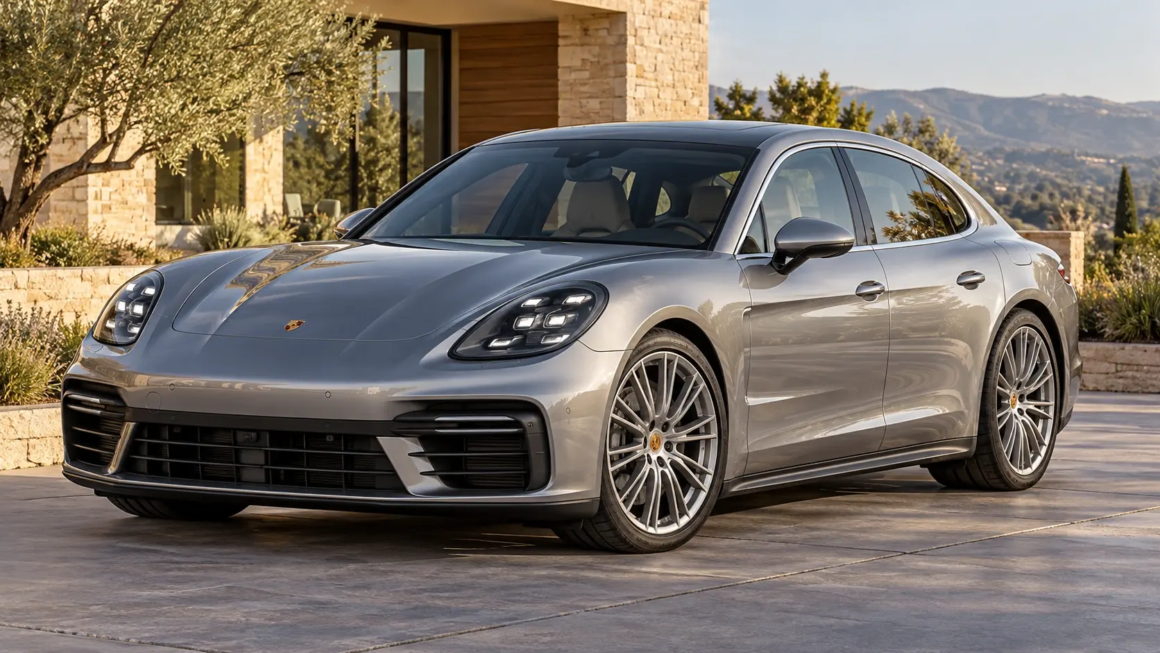 رسم توضيحي تم إنشاؤه بواسطة الذكاء الاصطناعي لـ Porsche Panamera، يظهر في منظر خارجي أمامي بزاوية ثلاثة أرباع.