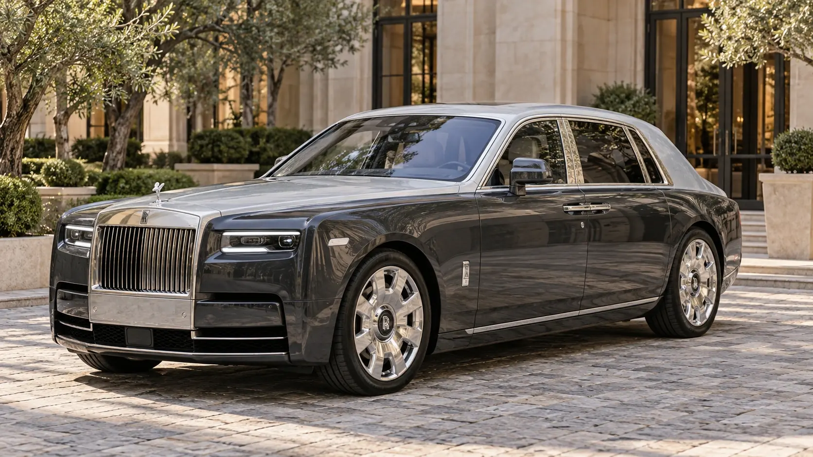رسم توضيحي تم إنشاؤه بواسطة الذكاء الاصطناعي لـ Rolls-Royce Phantom، يظهر في منظر خارجي أمامي بزاوية ثلاثة أرباع.