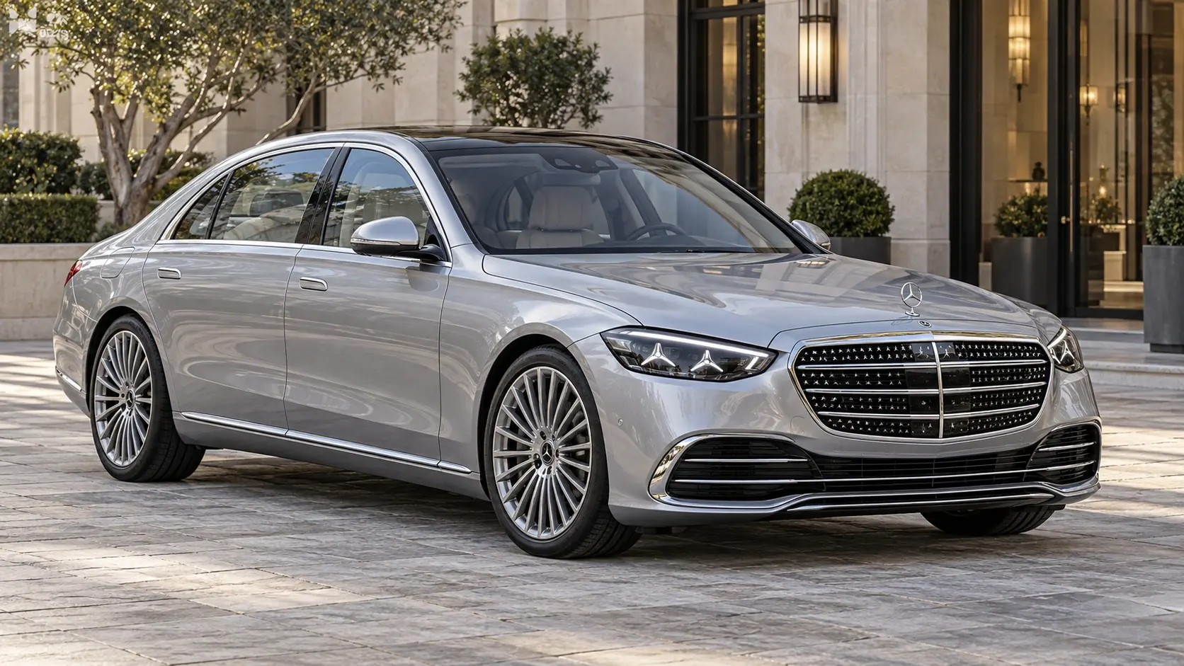 رسم توضيحي تم إنشاؤه بواسطة الذكاء الاصطناعي لـ Mercedes-Benz S-Class، يظهر في منظر خارجي أمامي بزاوية ثلاثة أرباع.
