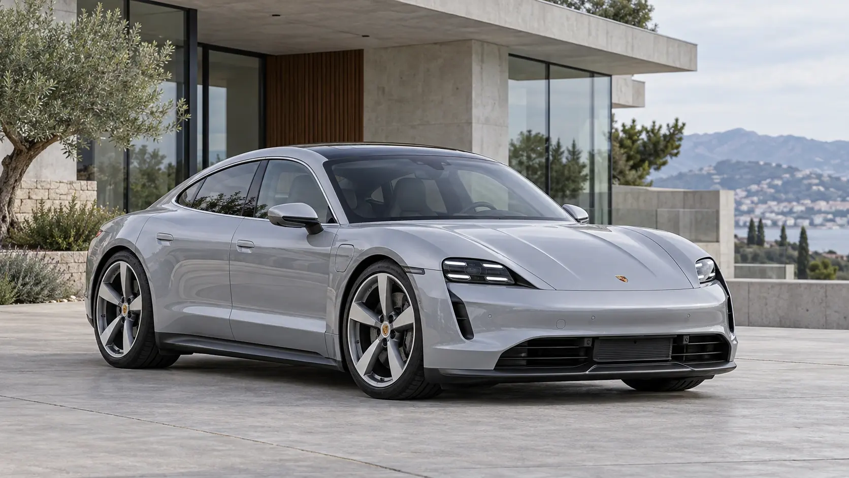 رسم توضيحي تم إنشاؤه بواسطة الذكاء الاصطناعي لـ Porsche Taycan sedan، يظهر في منظر خارجي أمامي بزاوية ثلاثة أرباع.