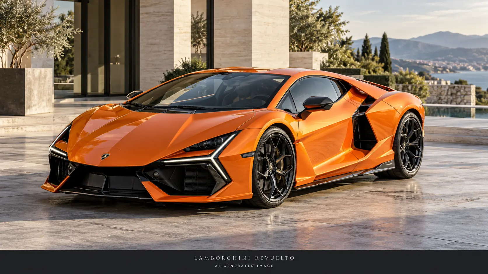 AI-generated illustration of the Lamborghini Revuelto in metallic orange, front three-quarter view