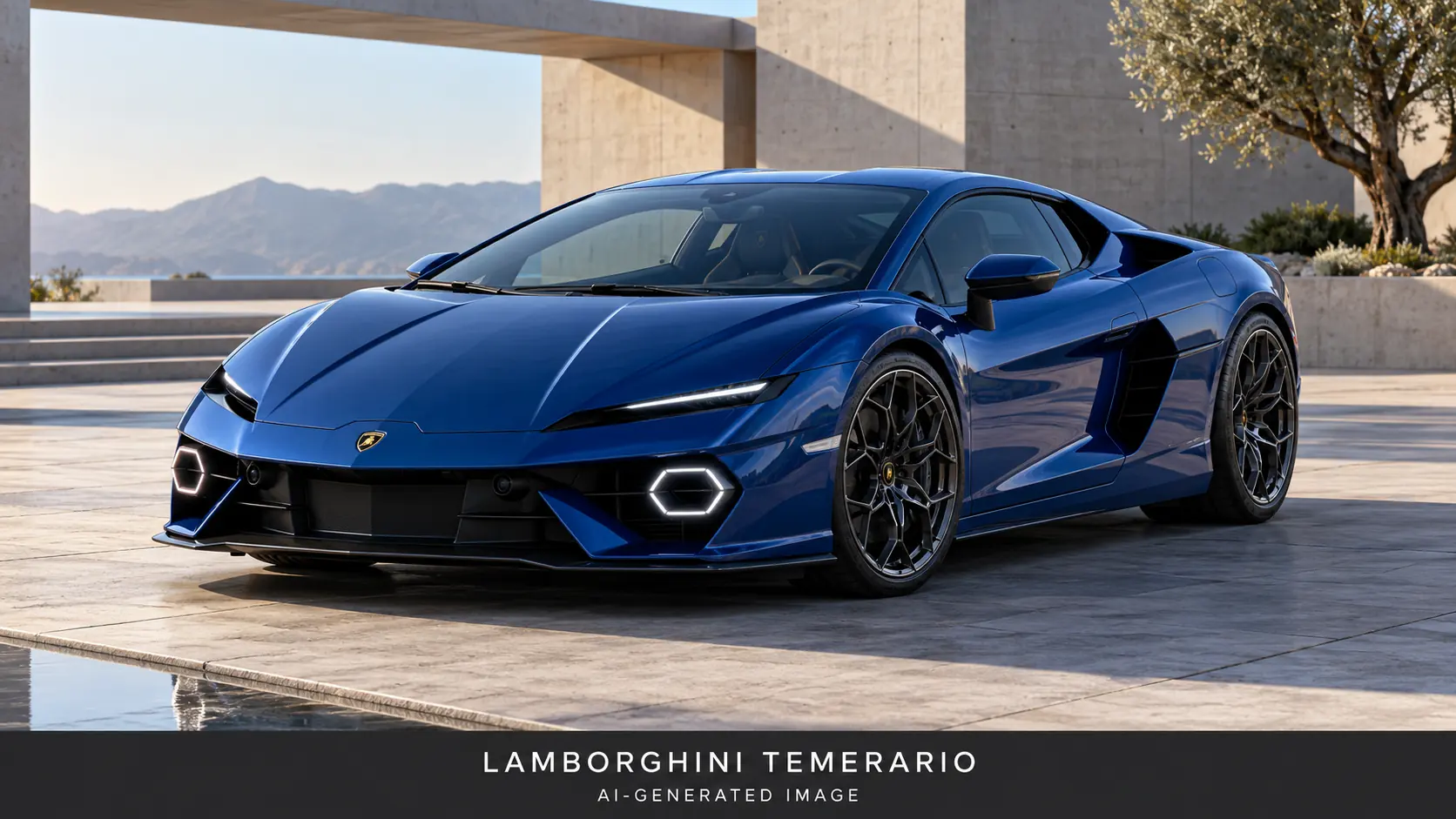 AI-generated illustration of the Lamborghini Temerario in metallic blue, front three-quarter view