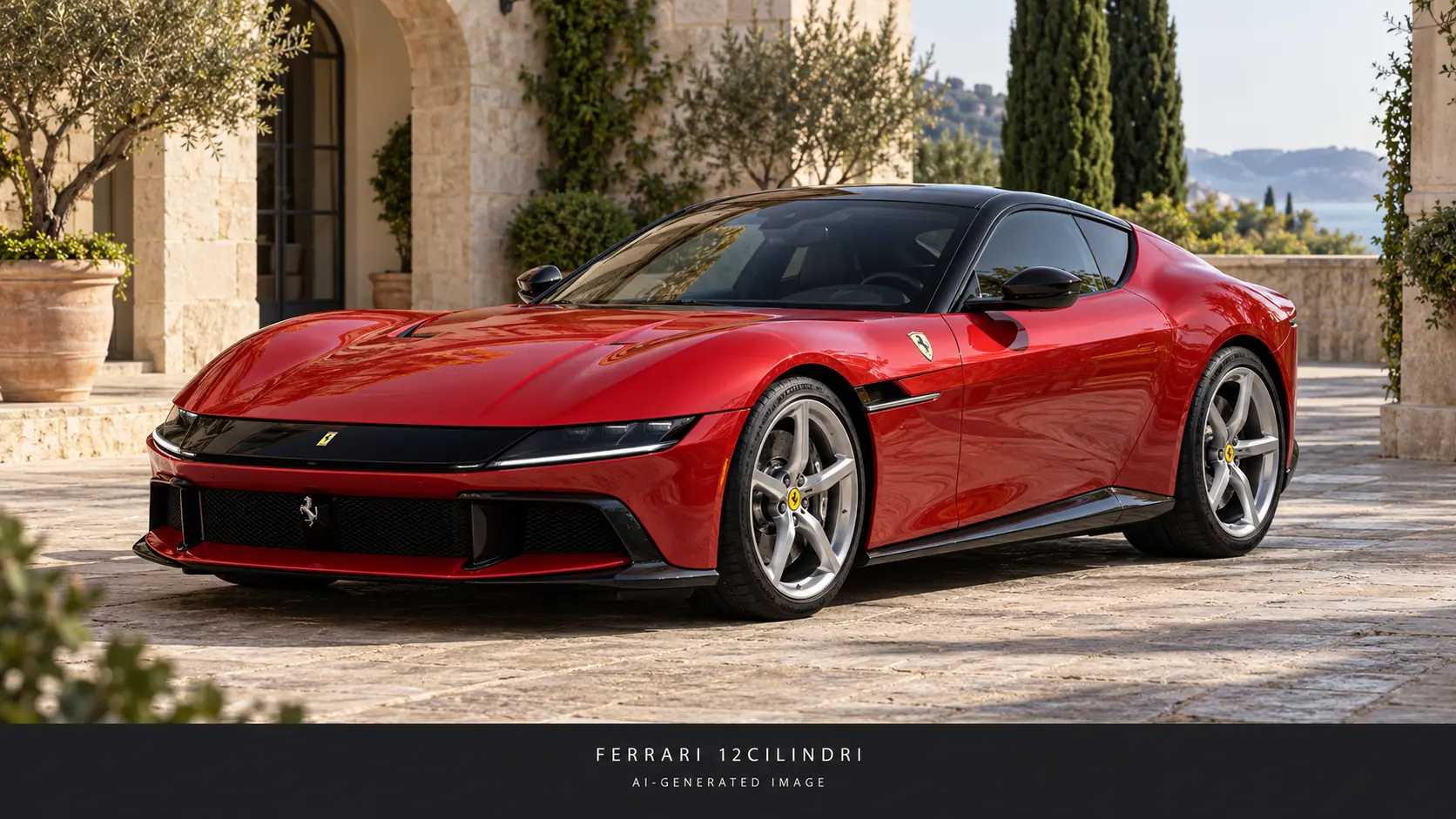 AI-generated illustration of the Ferrari 12Cilindri in red with black roof, front three-quarter view