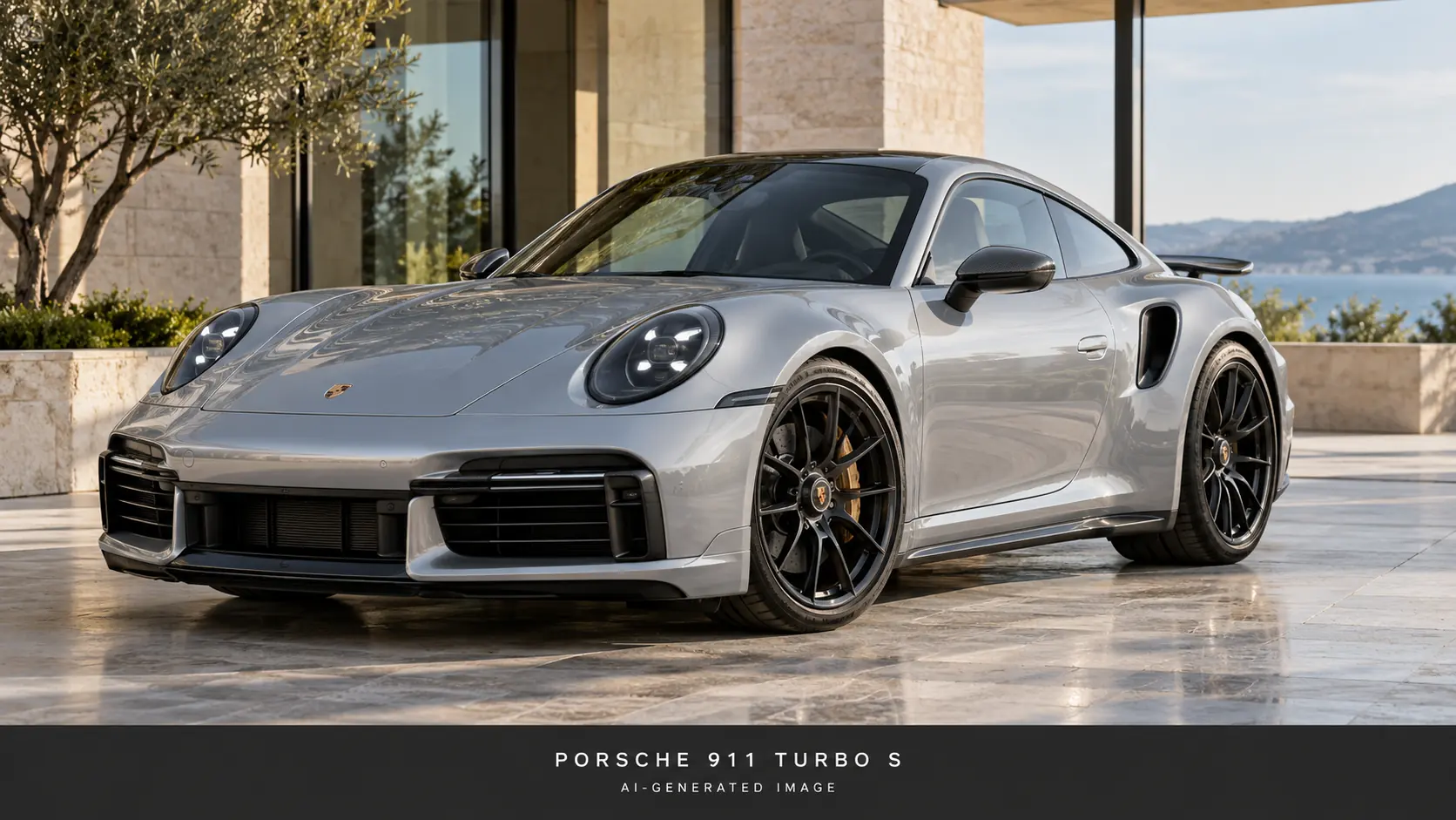 AI-generated illustration of the Porsche 911 Turbo S in silver grey, front three-quarter view
