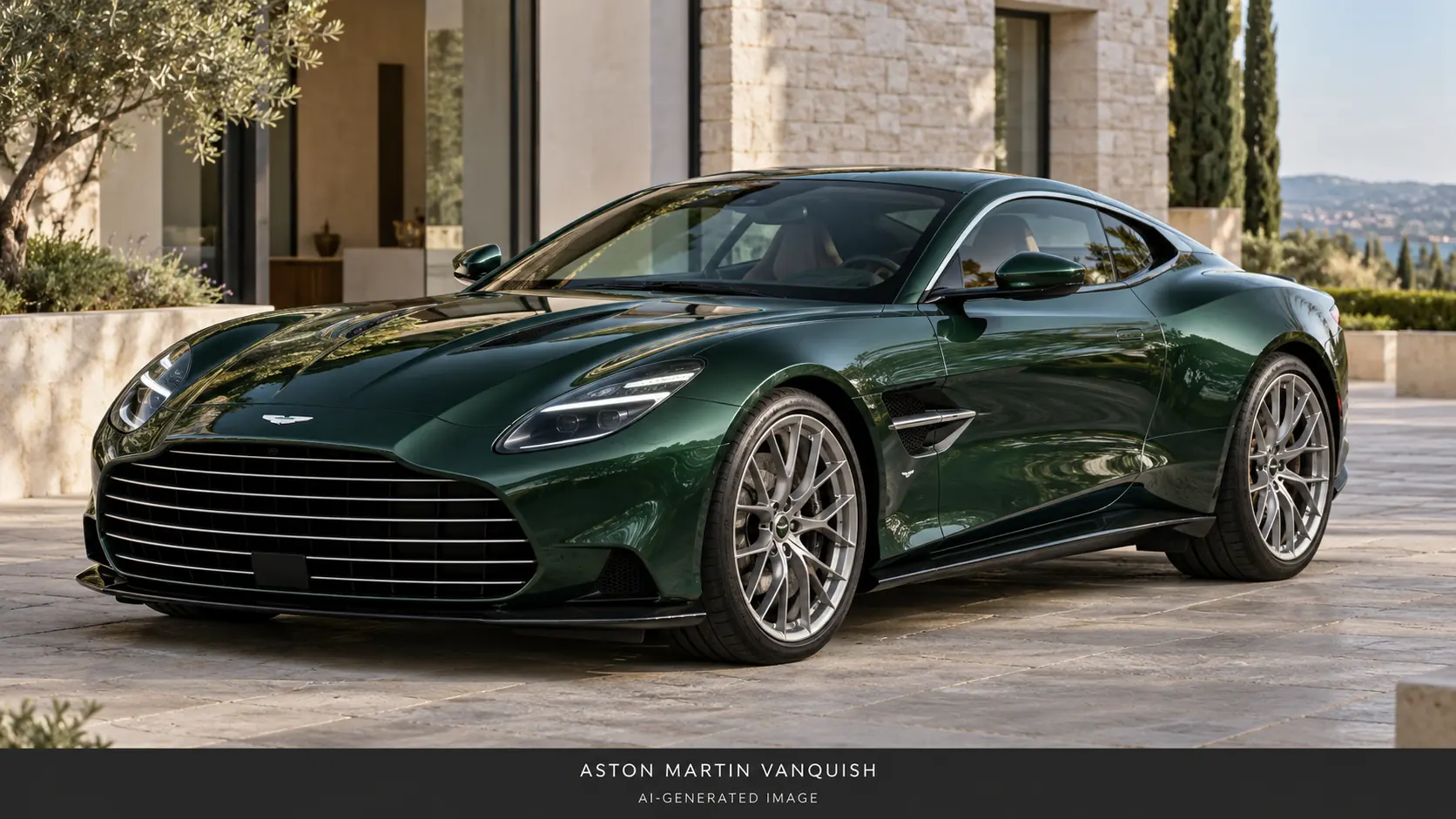 AI-generated illustration of the Aston Martin Vanquish in deep green, front three-quarter view