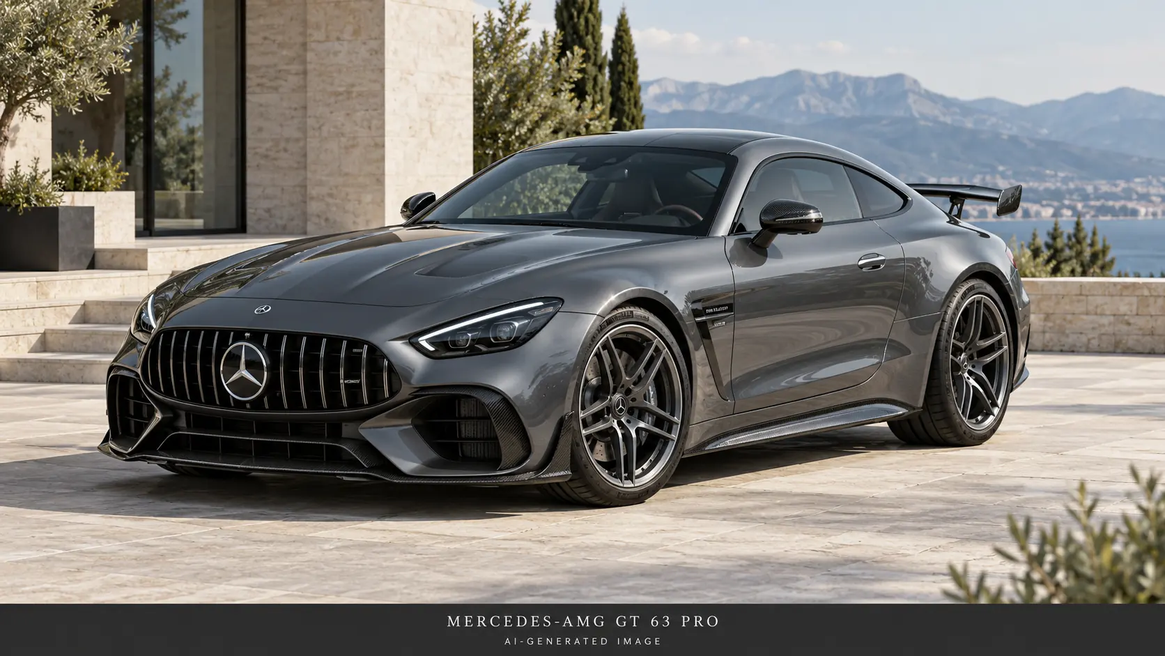AI-generated illustration of the Mercedes-AMG GT 63 PRO 4MATIC+ in graphite grey, front three-quarter view