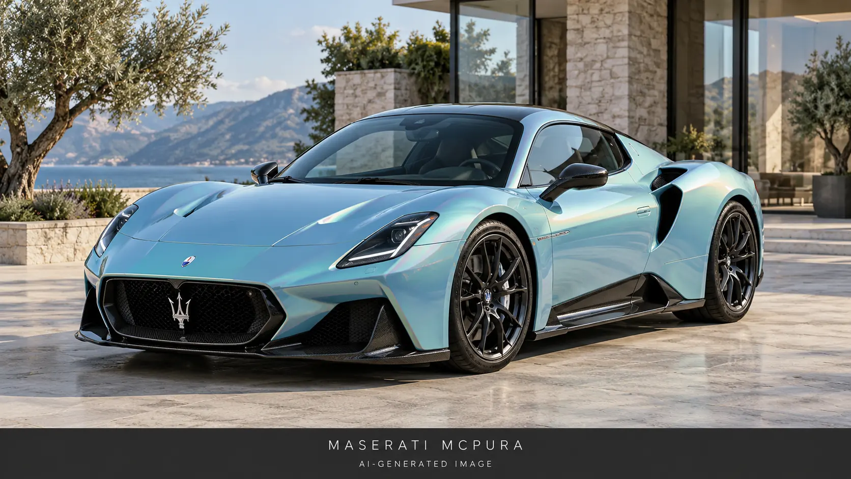 AI-generated illustration of the Maserati MCPURA in pale iridescent turquoise, front three-quarter view