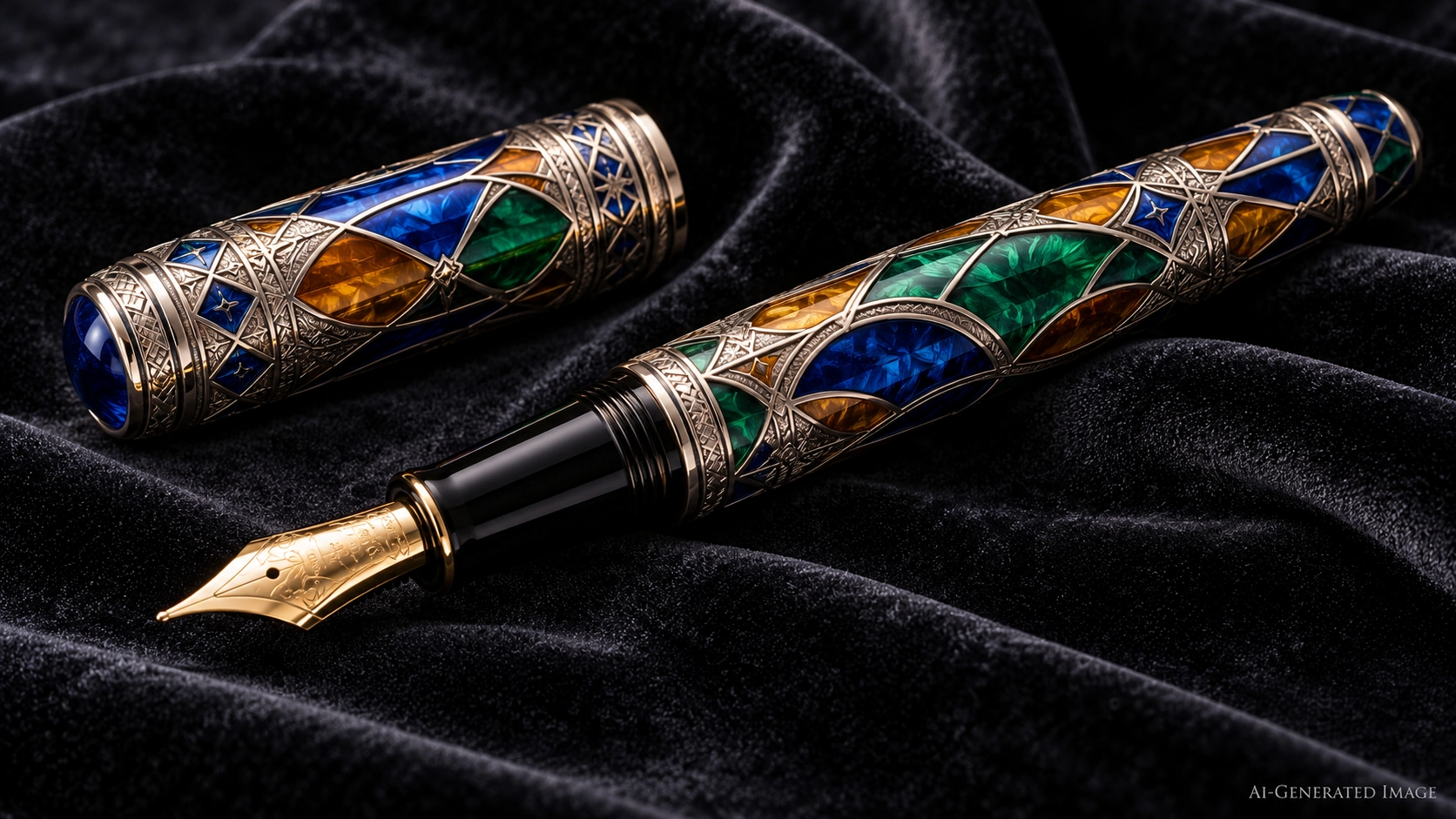 رسم توضيحي مُولّد بالذكاء الاصطناعي: قلم حبر خيالي مطلي بالمينا الهندسية بألوان الأحجار الكريمة فوق معدن فضي اللون محفور